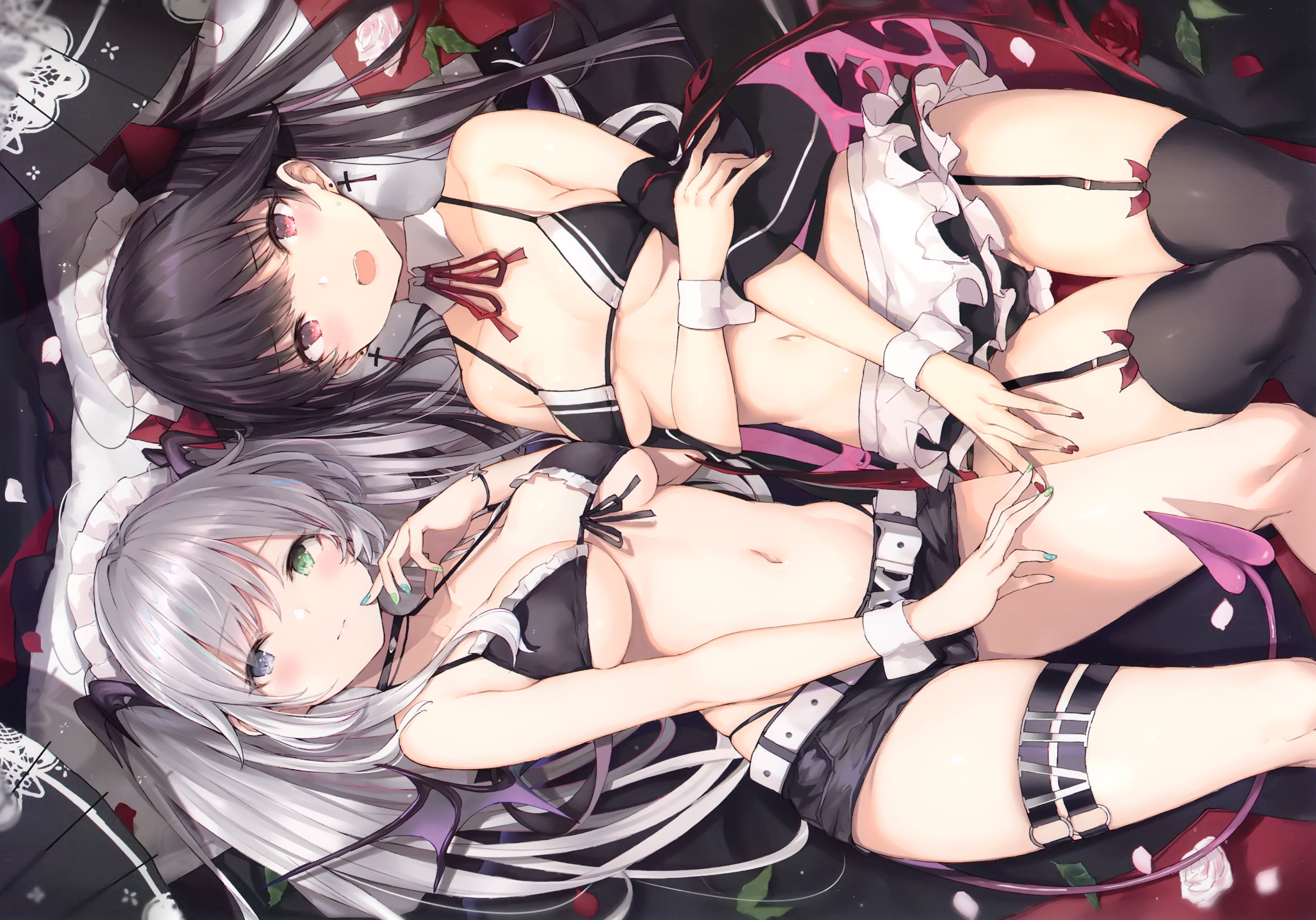 underboob, cleavage, maid, rose, long hair, garter belt, Fang, twintails, black hair, flowers, heterochromia, 2K, bikini, blush, gray hair, red eyes, HD Wallpaper