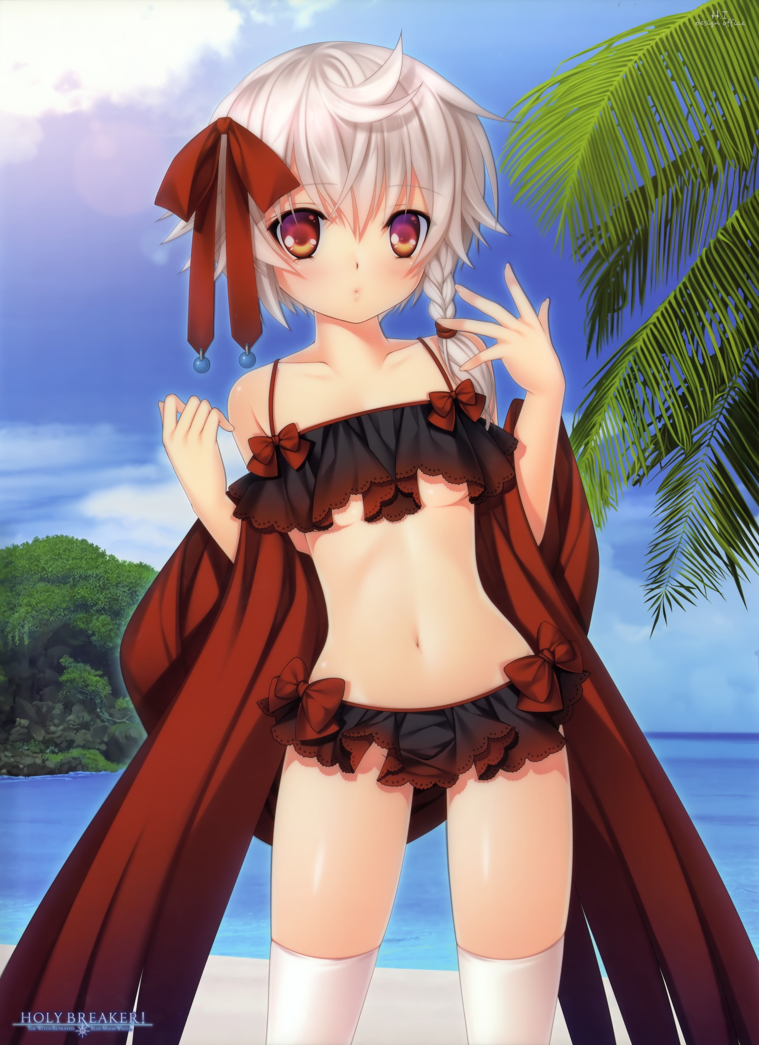 nopan, 2K, red eyes, sea, anime girls, thigh-highs, underboob, gray hair, anime, beach, lingerie, open shirt, Phone HD Wallpaper