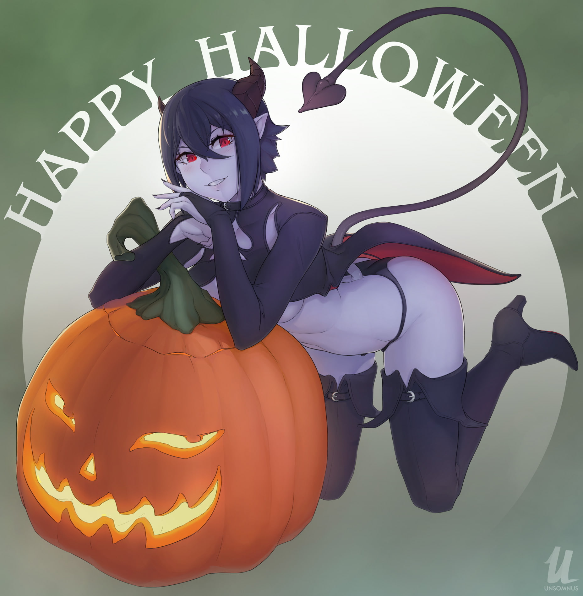 720P, thigh-highs, pointed ears, panties, horns, Halloween, tail, underboob, pumpkin, heels, Phone HD Wallpaper