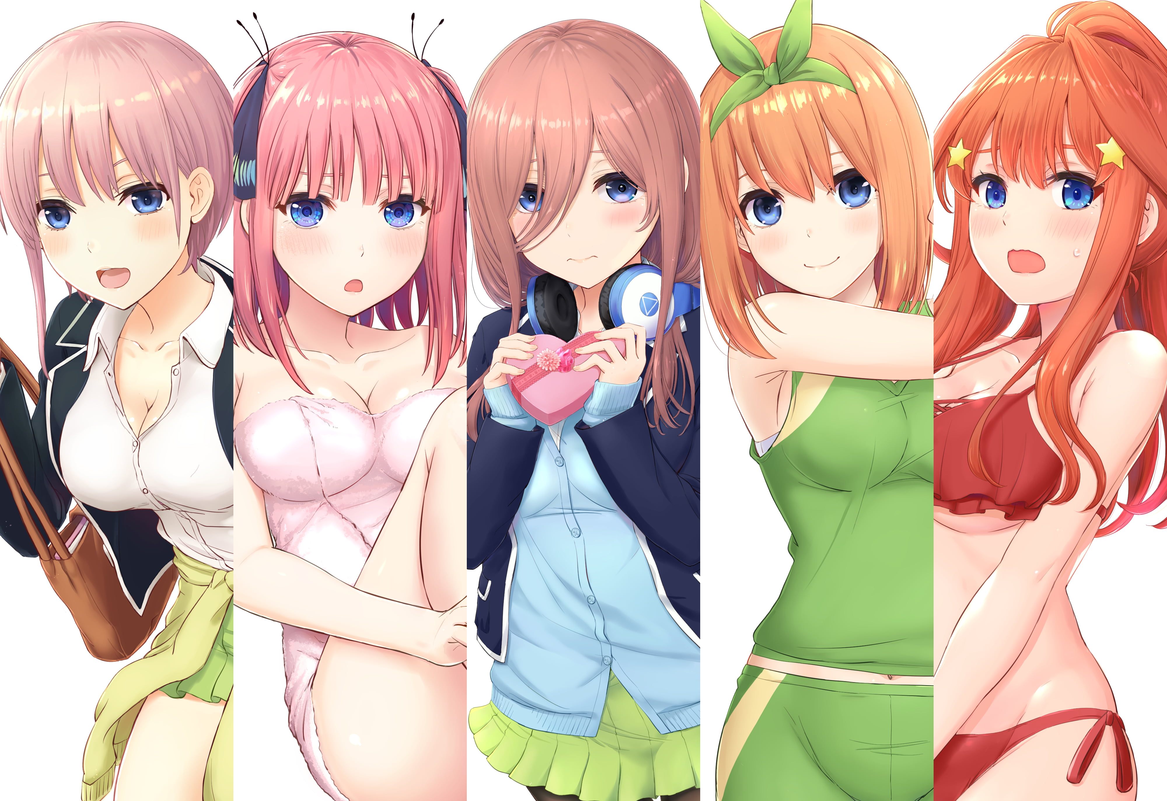 Nakano Itsuki, long hair, 4K, pink hair, pantyhose, towel, underboob, Nakano Nino, Nakano Miku, headphones, redhead, bikini, short hair, headband, blue eyes, HD Wallpaper