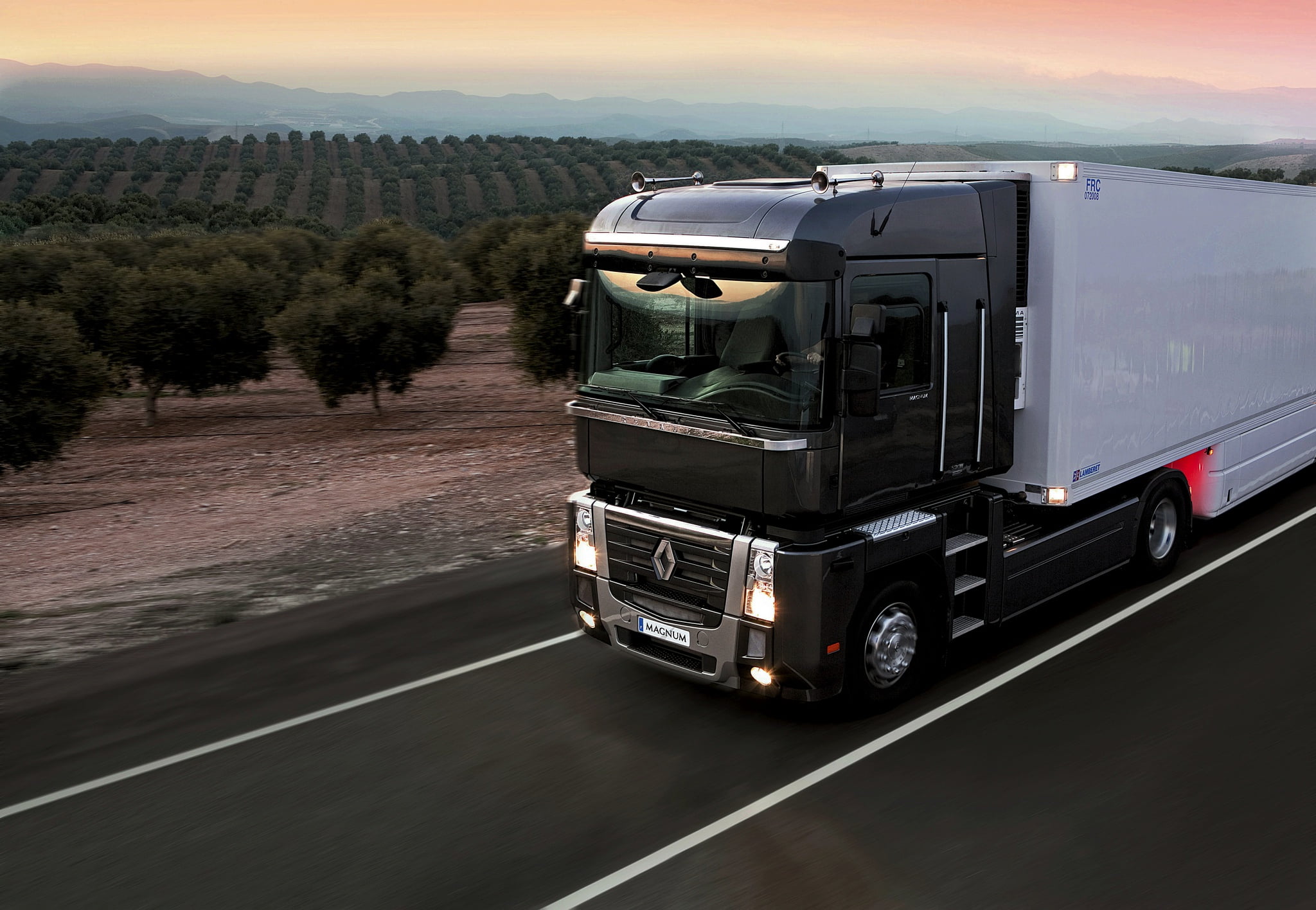 truck, Renault Trucks, sunset, Renault, road, black, Magnum, 4x2, tractor, the trailer, 1080P, HD Wallpaper