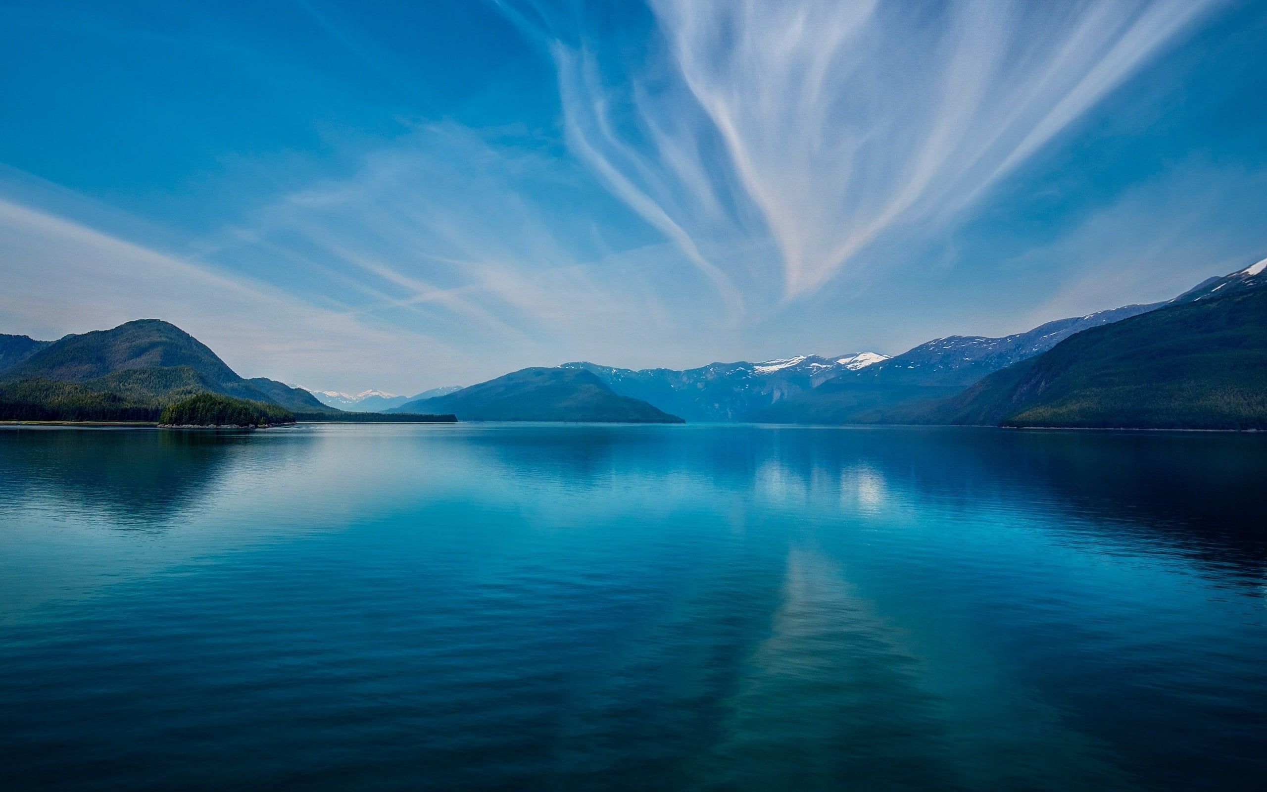 day, cloud - sky, scenics - nature, waterfront, environment, purity, nature, tranquility, 2K, blue, reflection, no people, mountains, lake, tranquil scene, HD Wallpaper