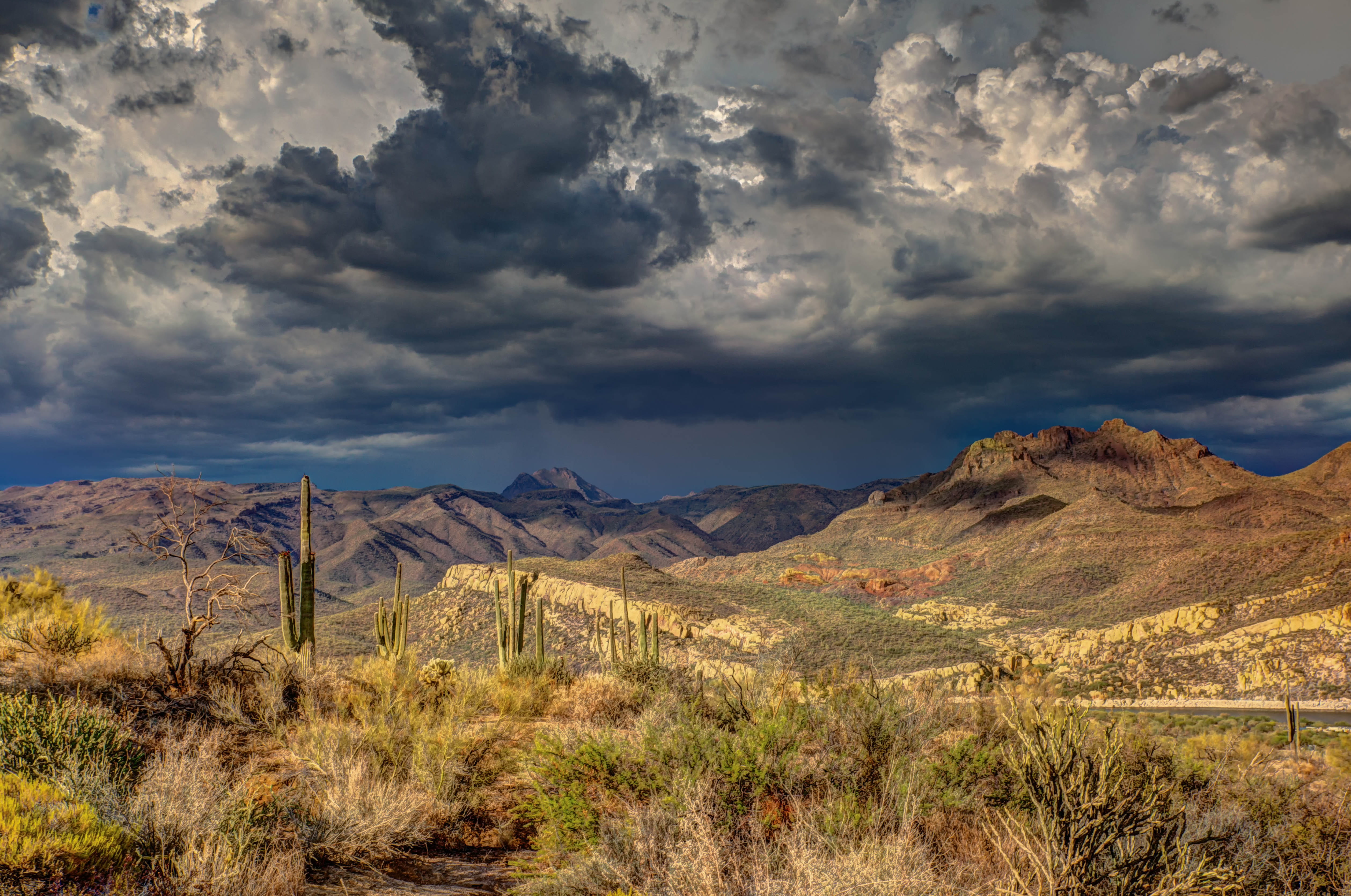 climate, valley, cloudy, tree, storm, scenics - nature, plant, land, non-urban scene, sky, cactu, beauty in nature, tranquil scene, mountain, outdoors, HD Wallpaper