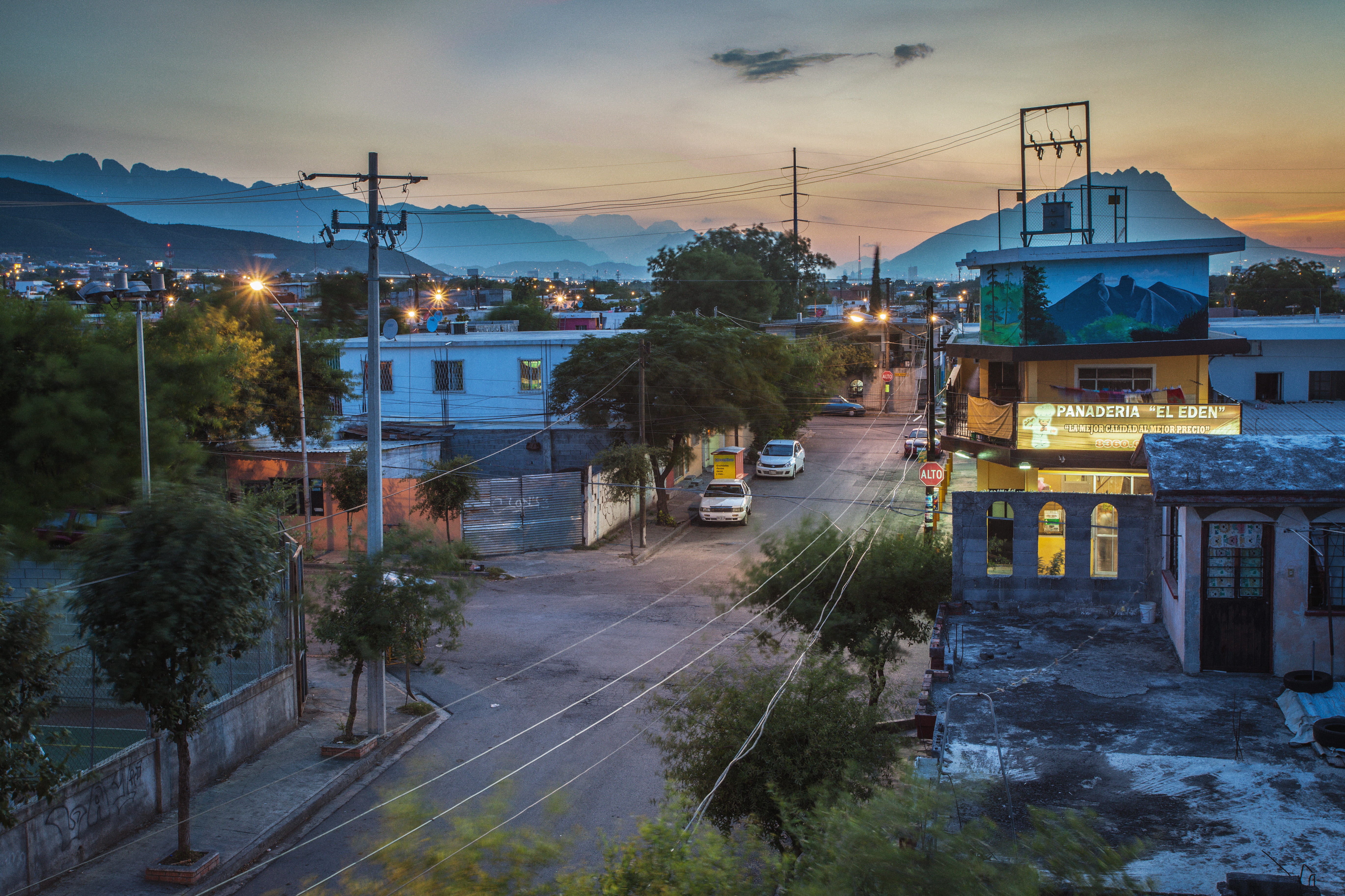 building exterior, sunset, illuminated, architecture, building, plant, built structure, mode of transportation, outdoors, road, guadalupe, street, city, HD Wallpaper