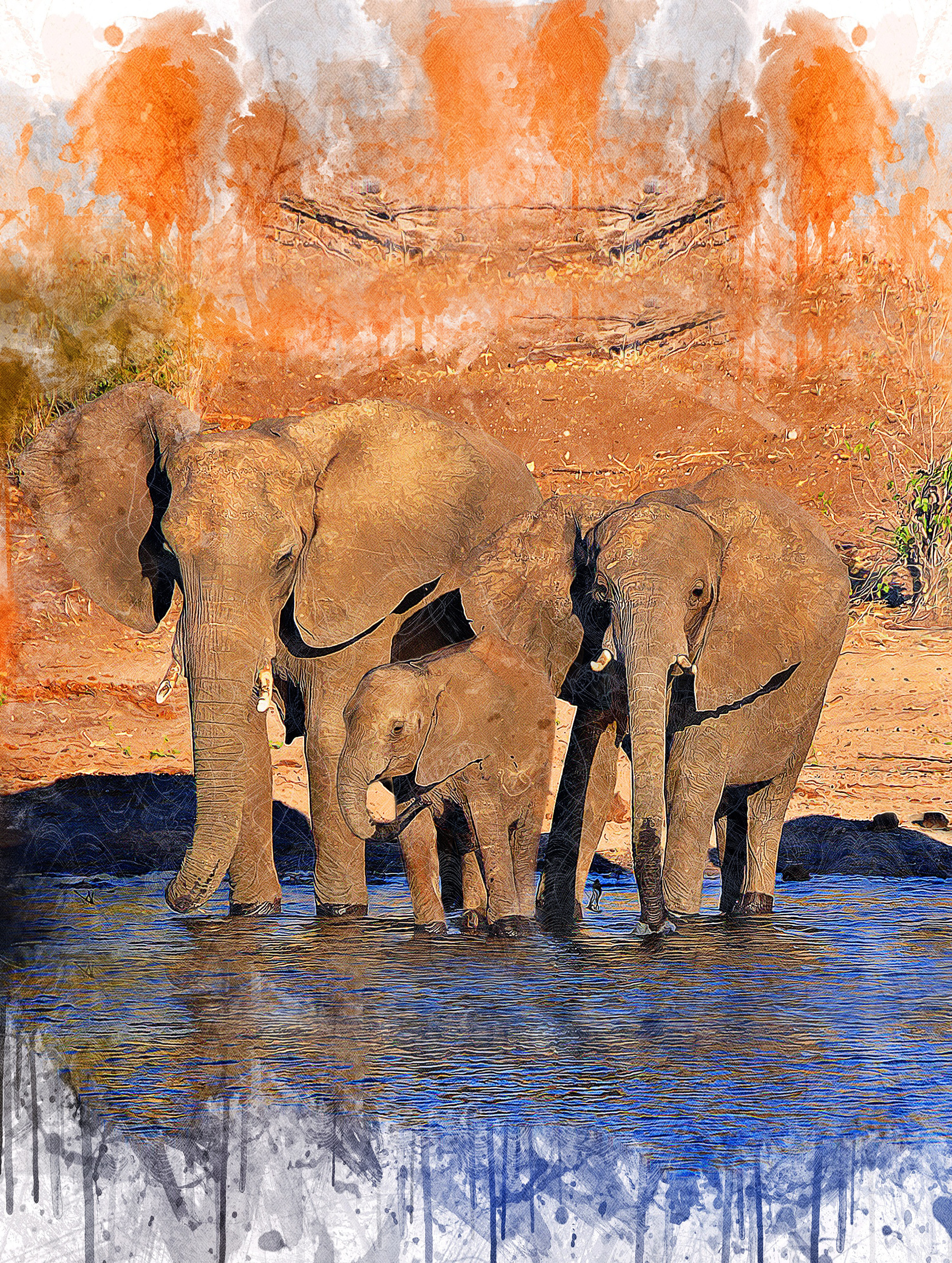 elephants, group of animals, outdoors, animal wildlife, drinking, travel destinations, watercolor, animal themes, safari, travel, puppy, mammal, african elephant, Phone HD Wallpaper