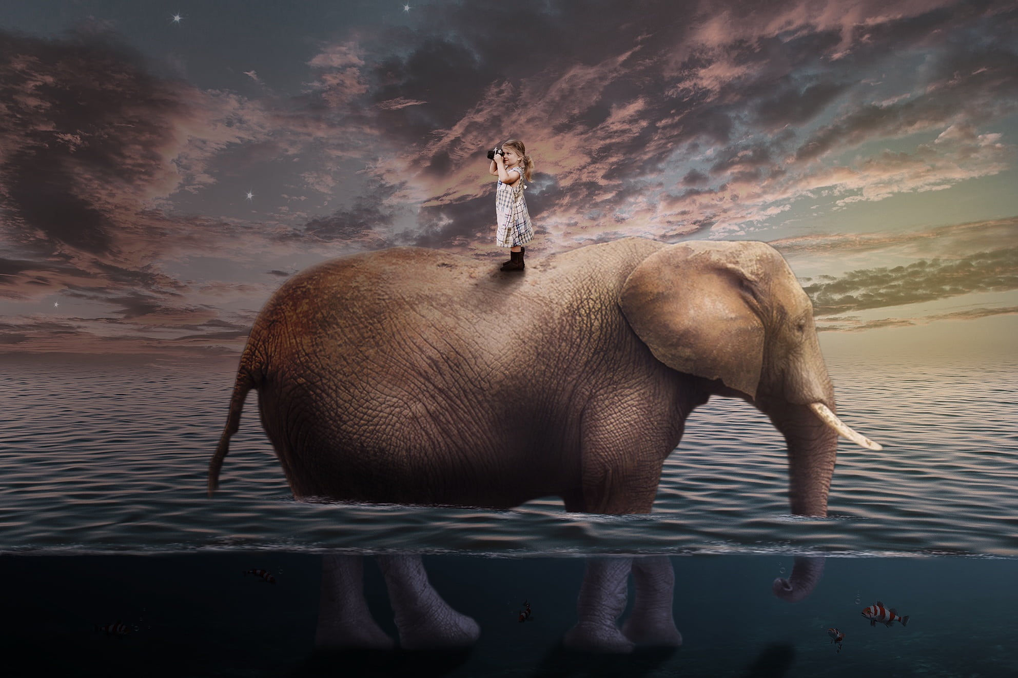 animals in the wild, illustration, child, elephant, vertebrate, full length, lifestyles, dream, women, beauty in nature, girl, travel, 1080P, dress, mammal, HD Wallpaper