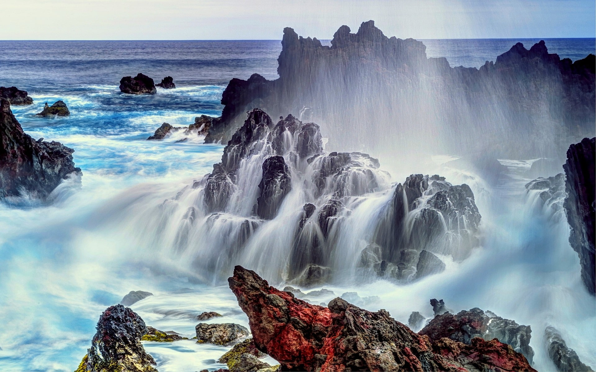 land, sky, 1080P, beach, landscape, long exposure, nature, solid, coast, scenics - nature, blurred motion, no people, waterfall, idyllic, sea, rock, Chile, HD Wallpaper