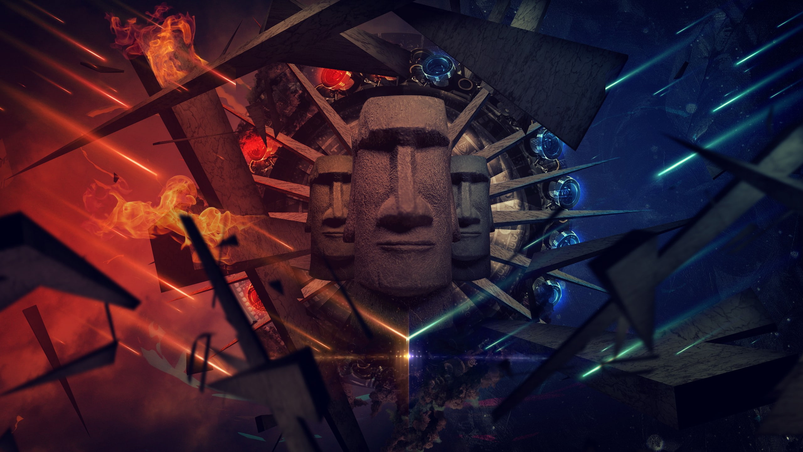 CGI, built structure, heat - temperature, burning, human representation, male likeness, lights, glowing, Easter Island, sculpture, architecture, 3D, 2K, HD Wallpaper