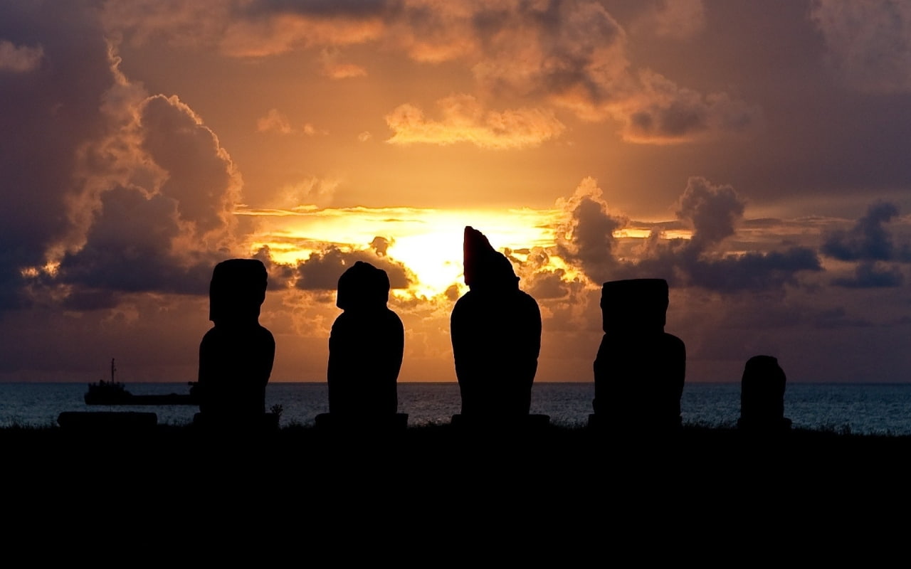 hd, clouds, easter, 720P, island, statues, sunset, nature, silhouette, HD Wallpaper