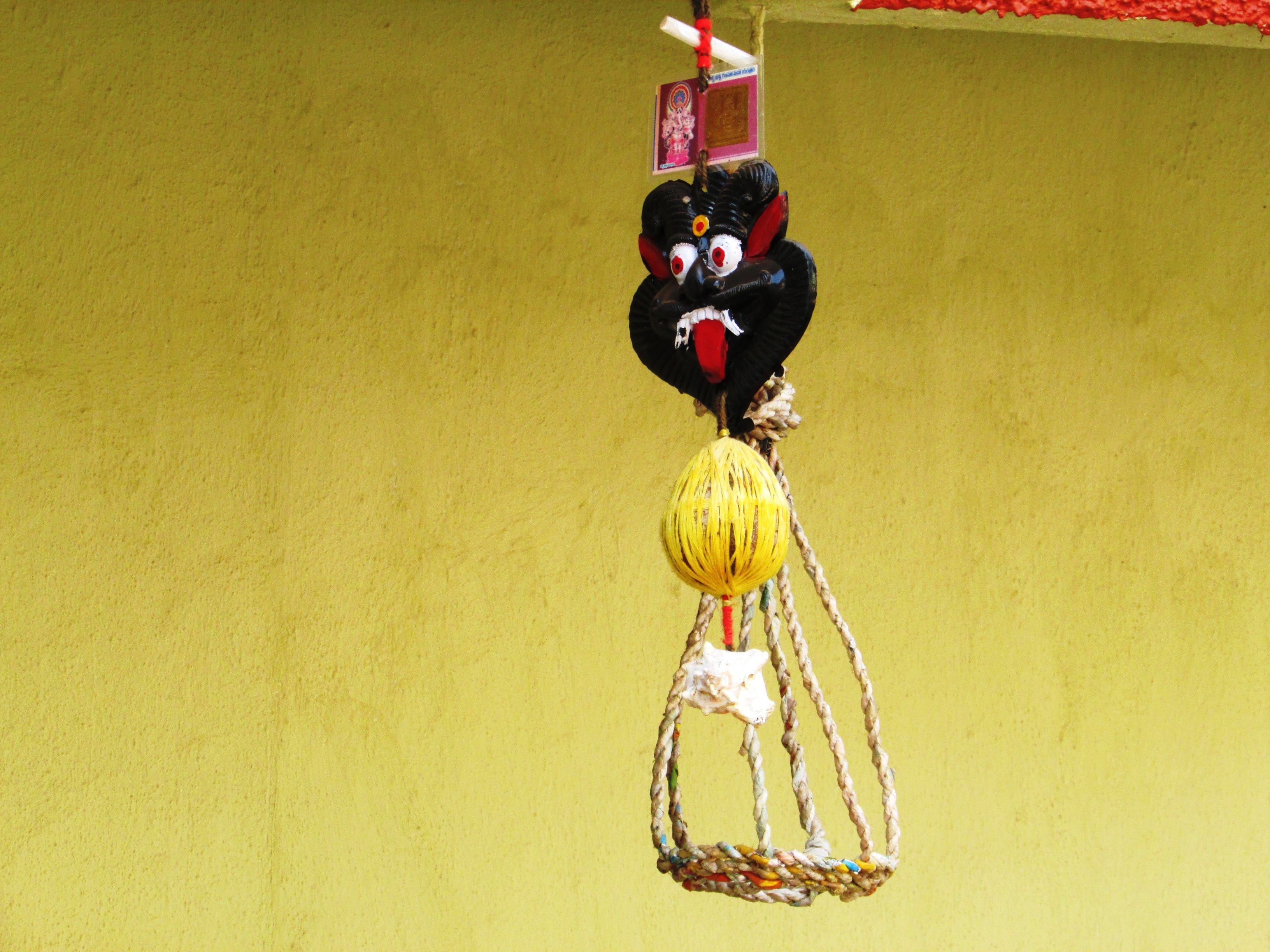 mask, yellow, no people, ward off, architecture, craft, india, representation, decoration, day, evil, creativity, nature, hanging, doll, outdoors, 2K, HD Wallpaper