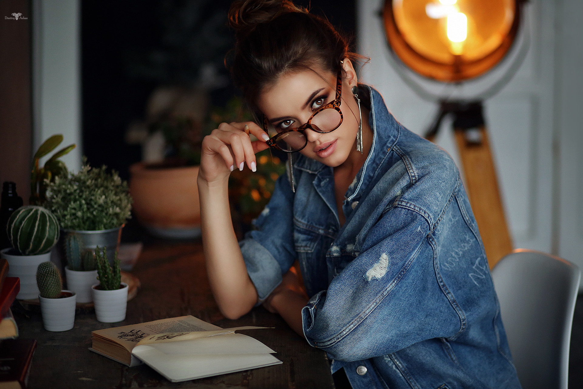 portrait, books, chair, brown eyes, sitting, looking at viewer, women, 1080P, women with glasses, Dmitry Arhar, denim, cactus, HD Wallpaper