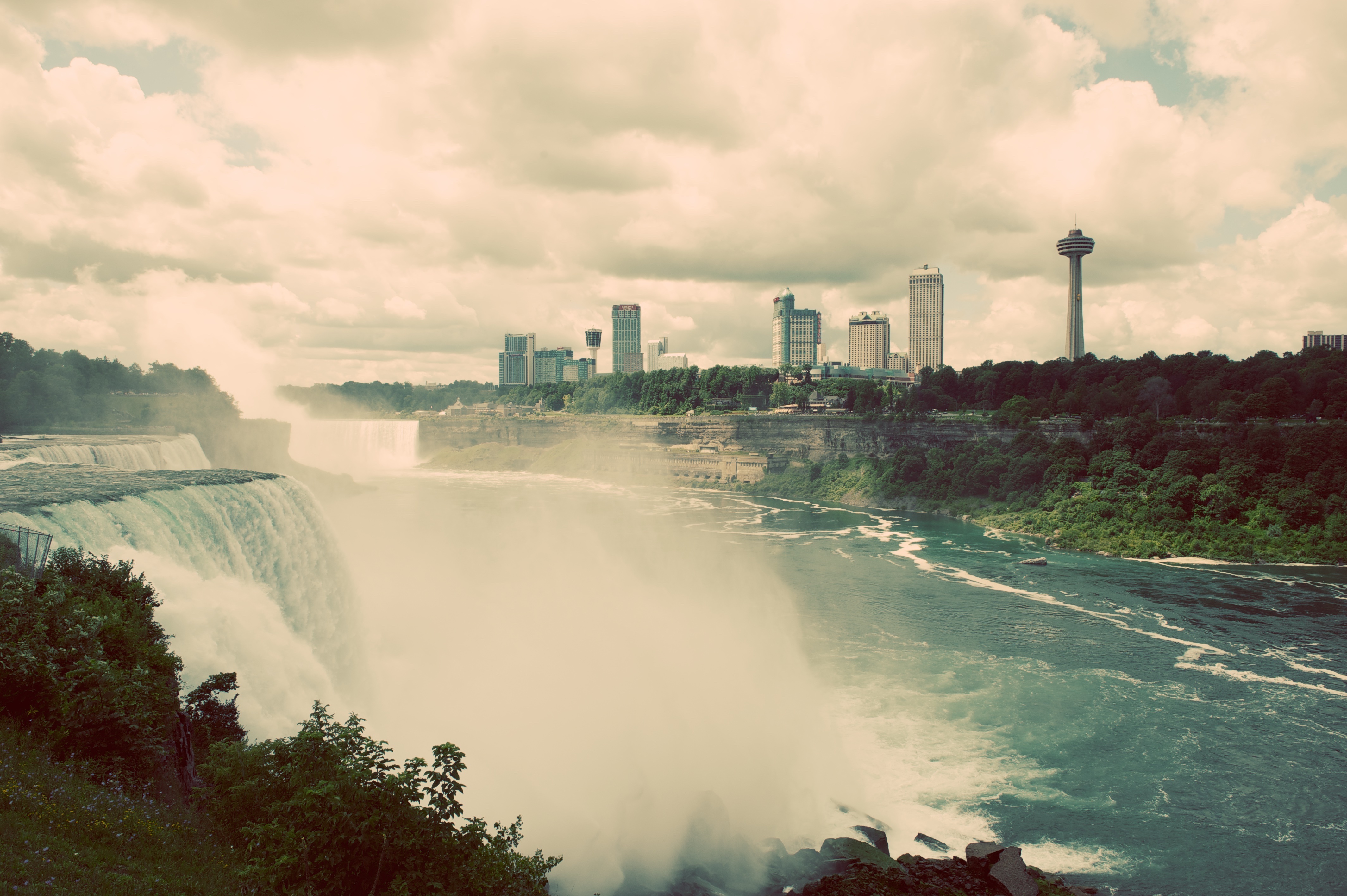 niagara falls, white, outdoors, flowing water, cloud - sky, tourism, vacation, building, canadian, waterfall, sky, niagara, falls, skyscraper, landmark, HD Wallpaper