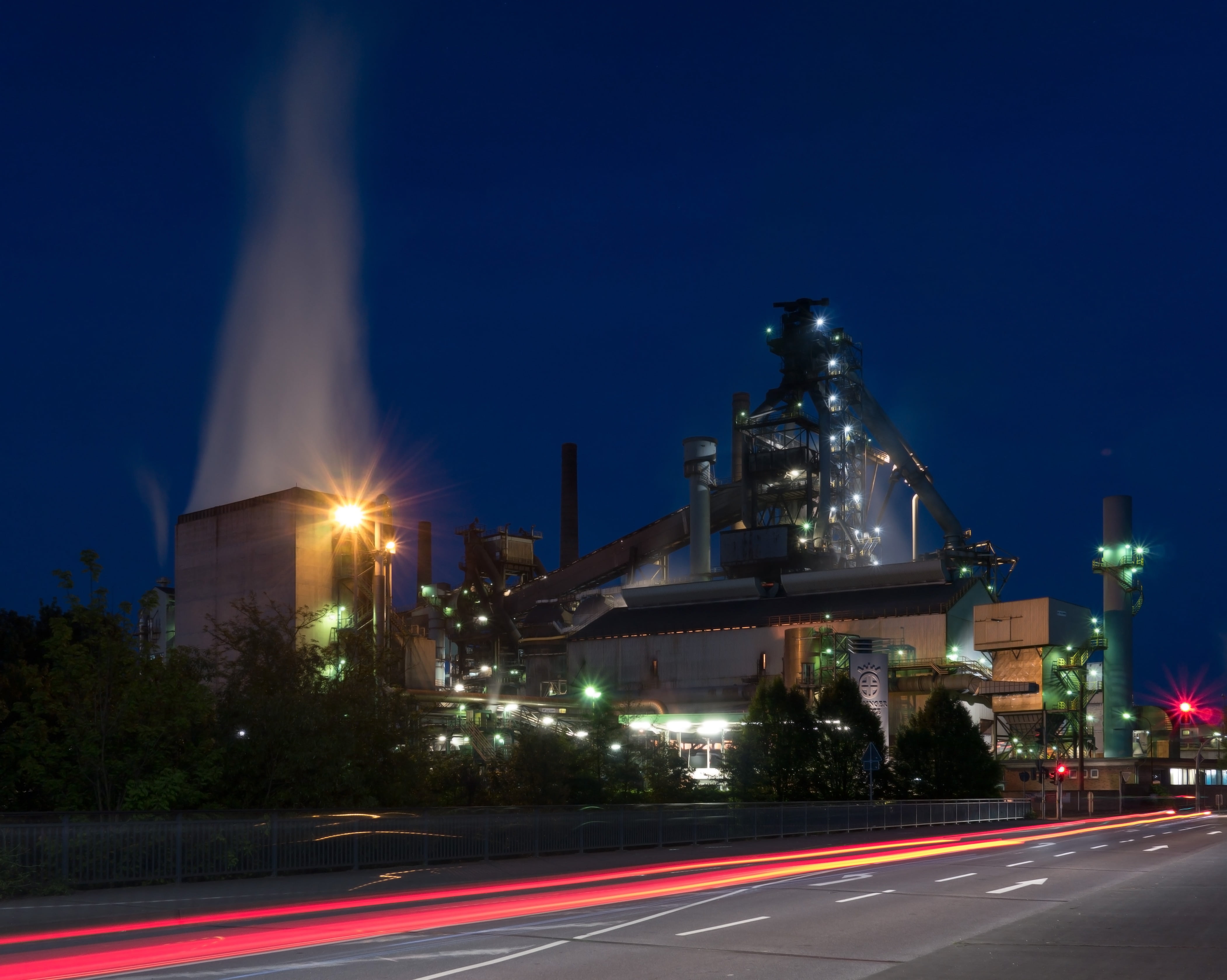 sky, steel production, street, night, smoke, brown, steel, city, hut, no people, road, lens flare, illuminated, steel mill, night photograph, built structure, HD Wallpaper