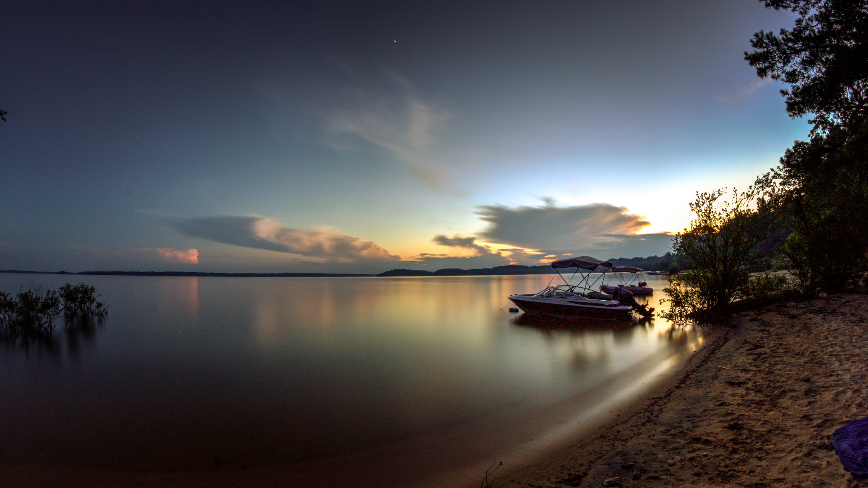 sunset, tree, sea, 2K, no people, tranquil scene, water, nature, vacation, long exposure, hdr, beauty in nature, united states, nautical vessel, reflection, HD Wallpaper