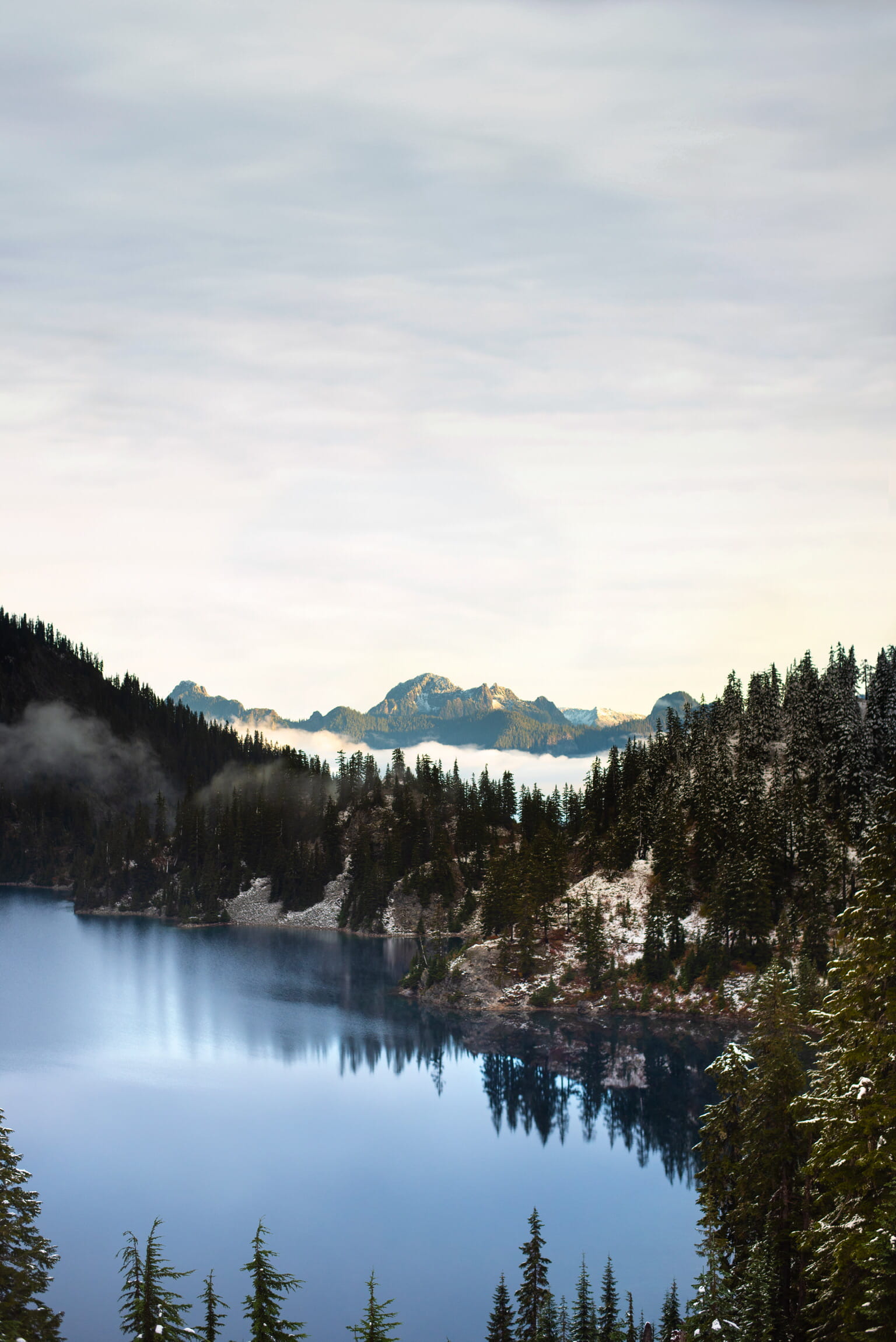 tree, snow, slope, ice, abies, snow lake trail, cloud - sky, reflection, idyllic, sky, conifer, beauty in nature, no people, waterfront, non-urban scene, Phone HD Wallpaper