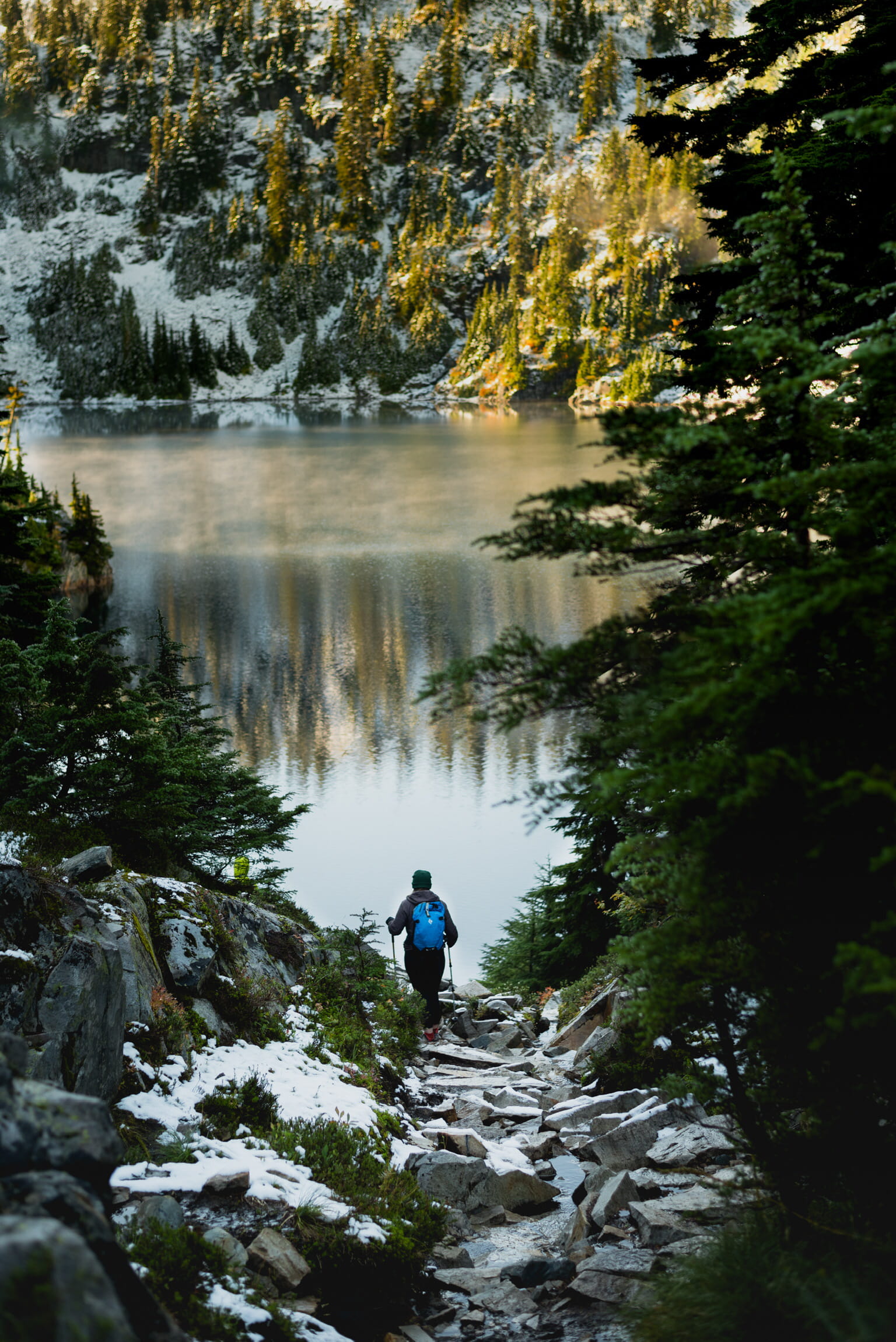 person, lifestyles, rear view, nature, snow lake trail, mountain, real people, abies, one person, conifer, tranquility, scenics - nature, day, beauty in nature, Phone HD Wallpaper