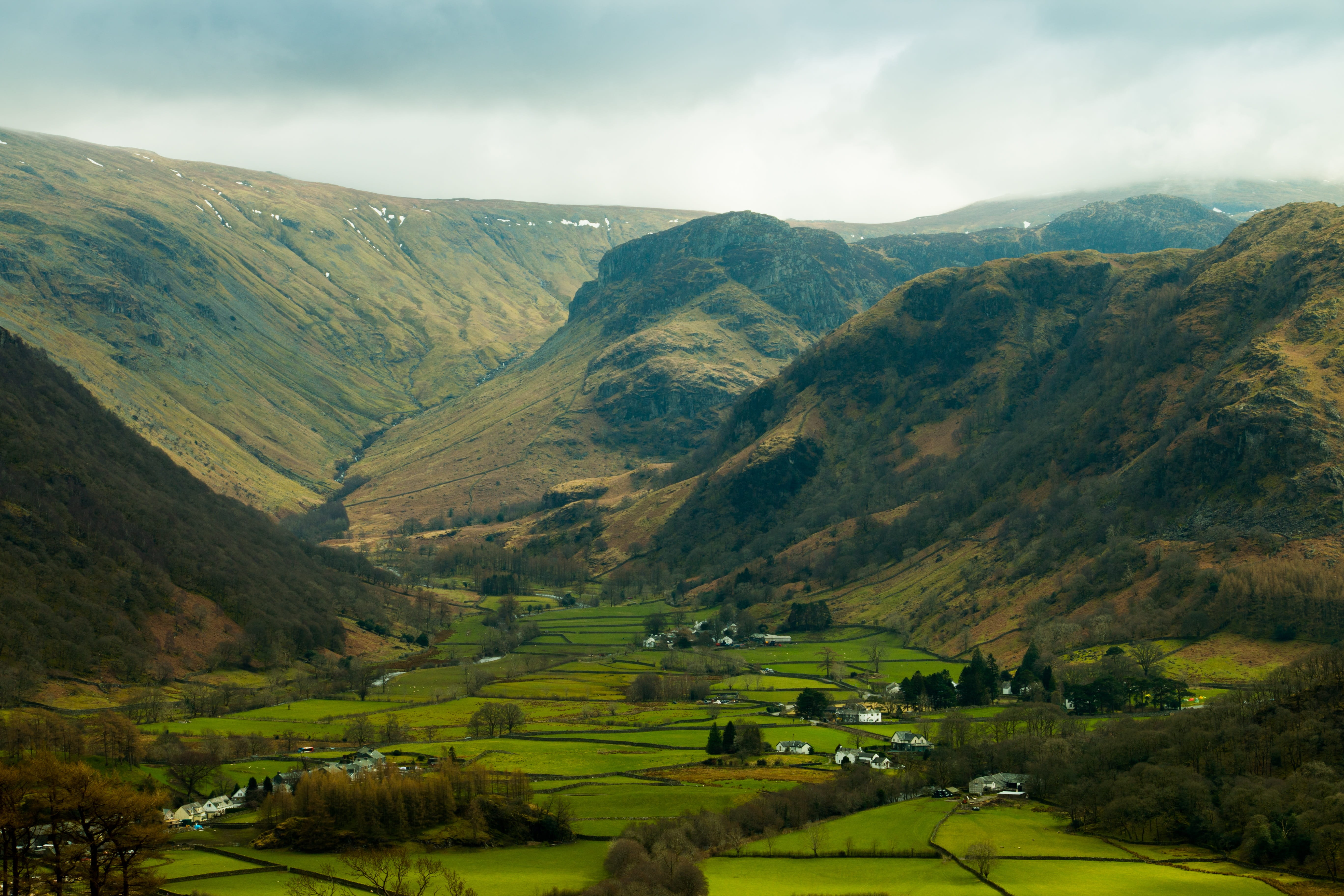 tranquility, farm, mountain, mountain range, outdoors, lake district, mountains, environment, sky, water, streams, field, rural scene, land, day, green, HD Wallpaper
