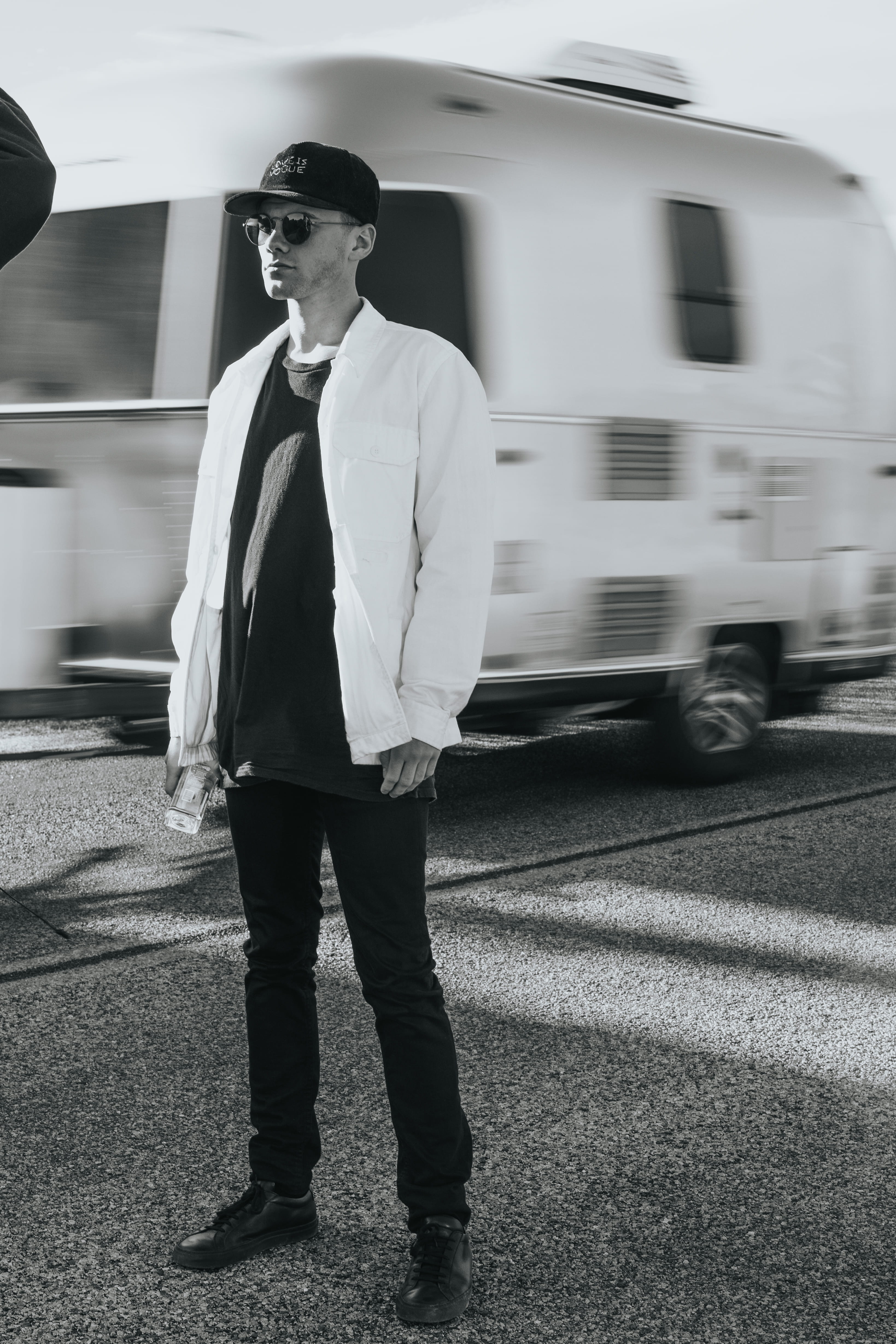 trailer, men, gray, pants, day, man, jacket, looking away, well-dressed, photo, 4K, standing, mode of transportation, sunglasses, scale, glasses, young adult, Phone HD Wallpaper