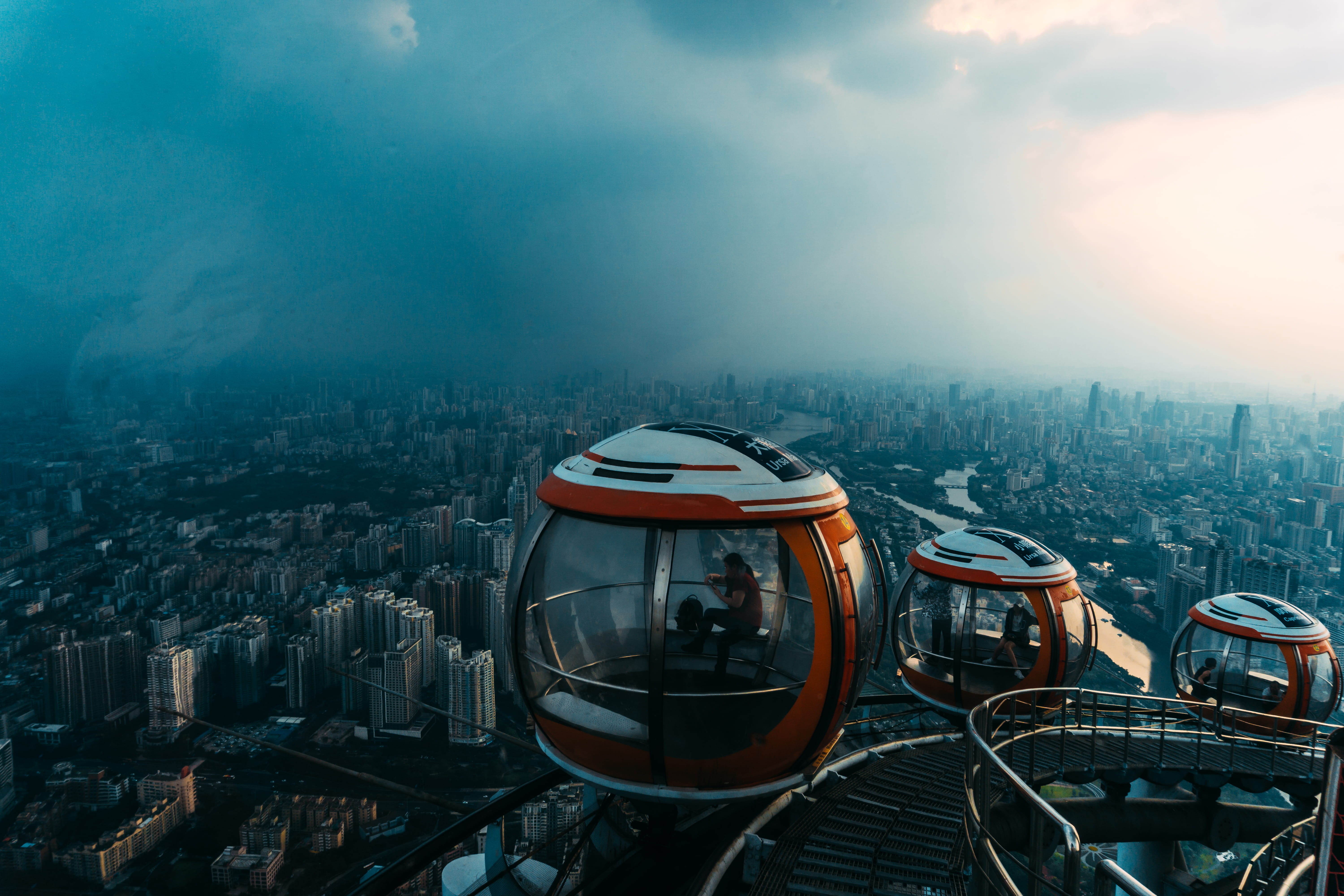 futuristic, skyscraper, scenic, built structure, residential district, blue, white, travel destinations, bright, fog, view, enclosed, architecture, crowded, HD Wallpaper
