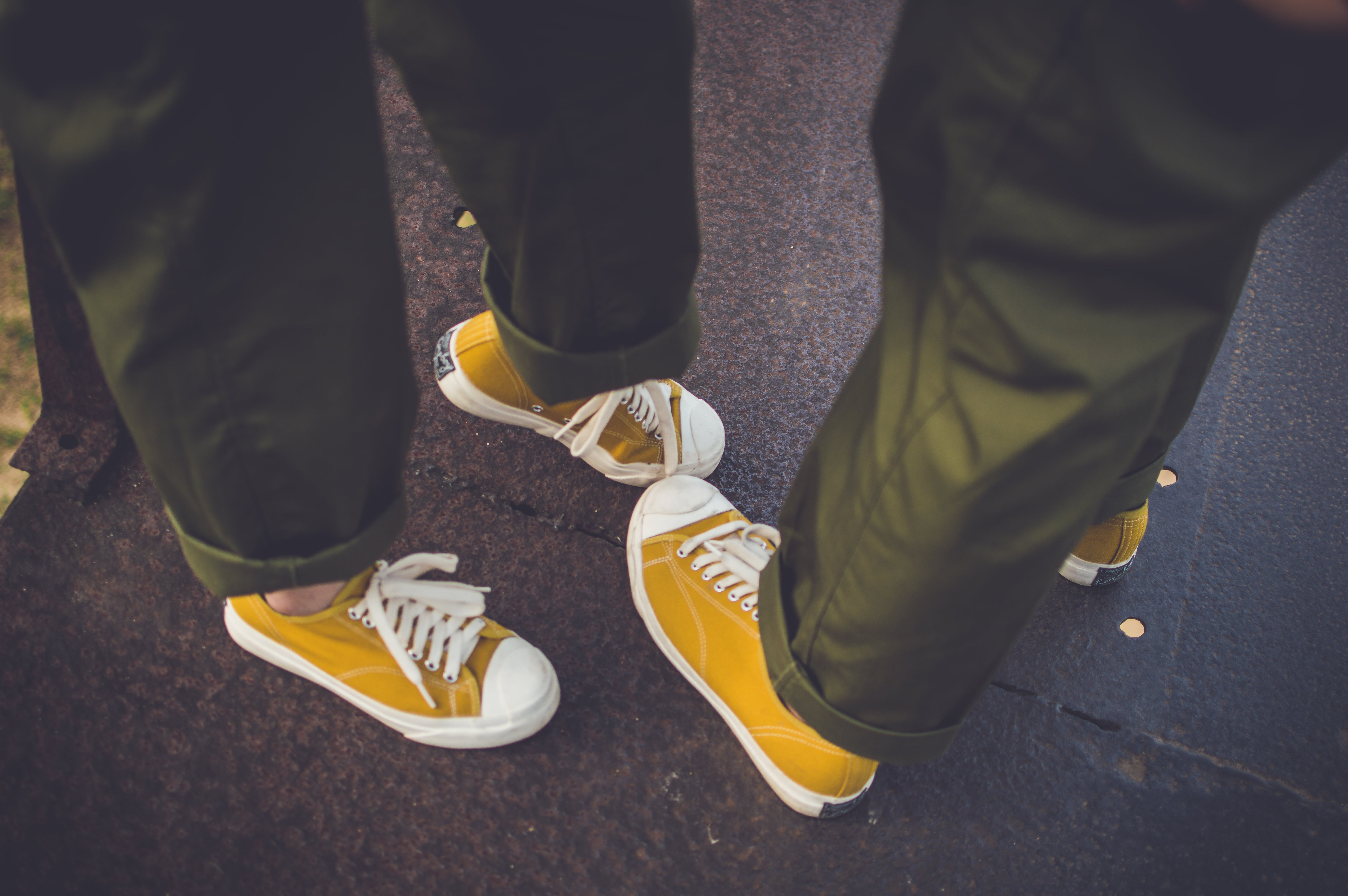 human foot, city, sneakers, human body part, human leg, two people, jeans, body part, yellow, day, pairs, road, person, top, togetherness, couple, 5K, HD Wallpaper