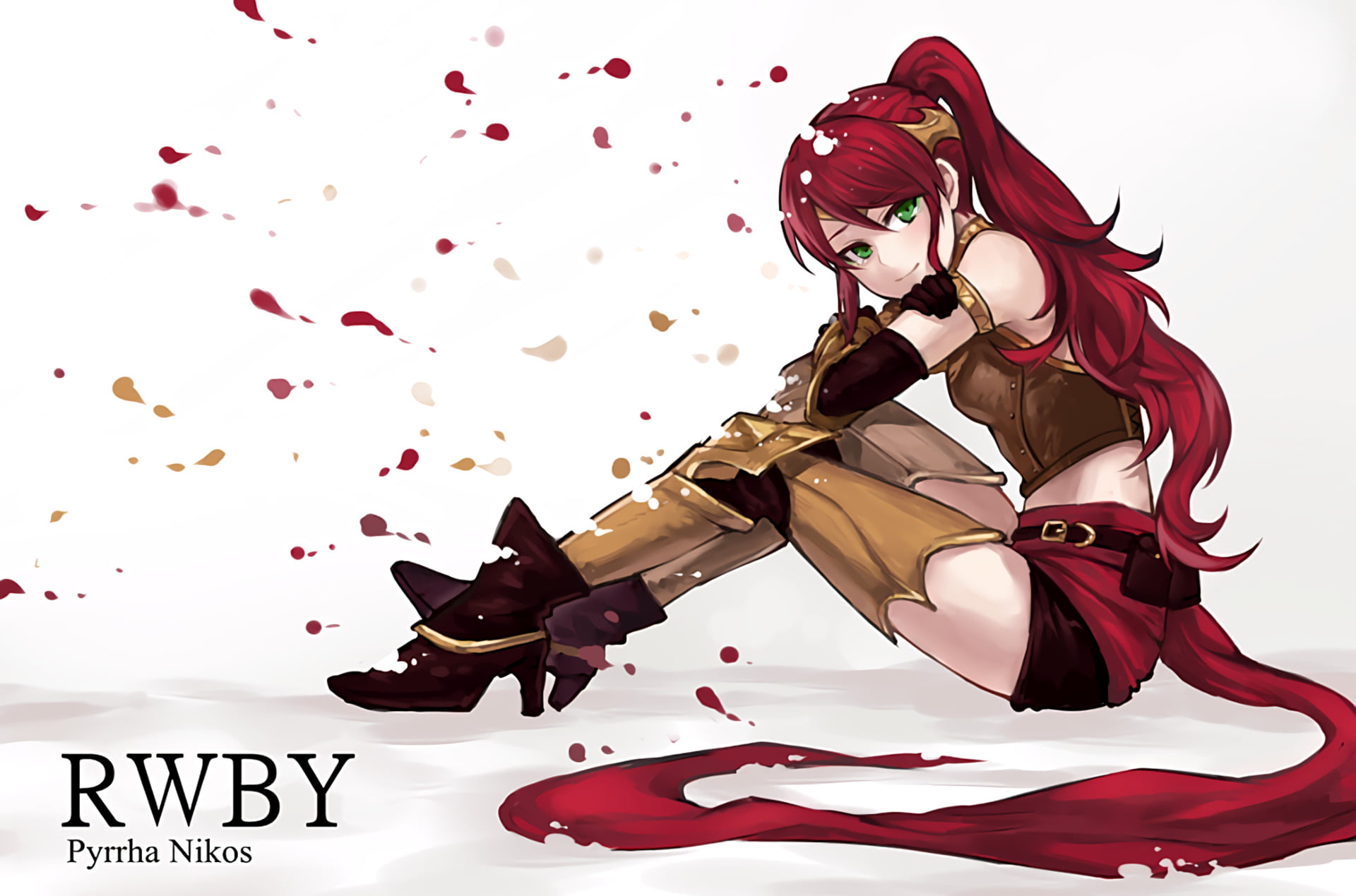 full length, Belt, Red Hair, indoors, RWBY, Corset, Green Eyes, Armor, white background, clothing, Anime, nature, red, Pyrrha Nikos, Petal, Thigh Highs, HD Wallpaper