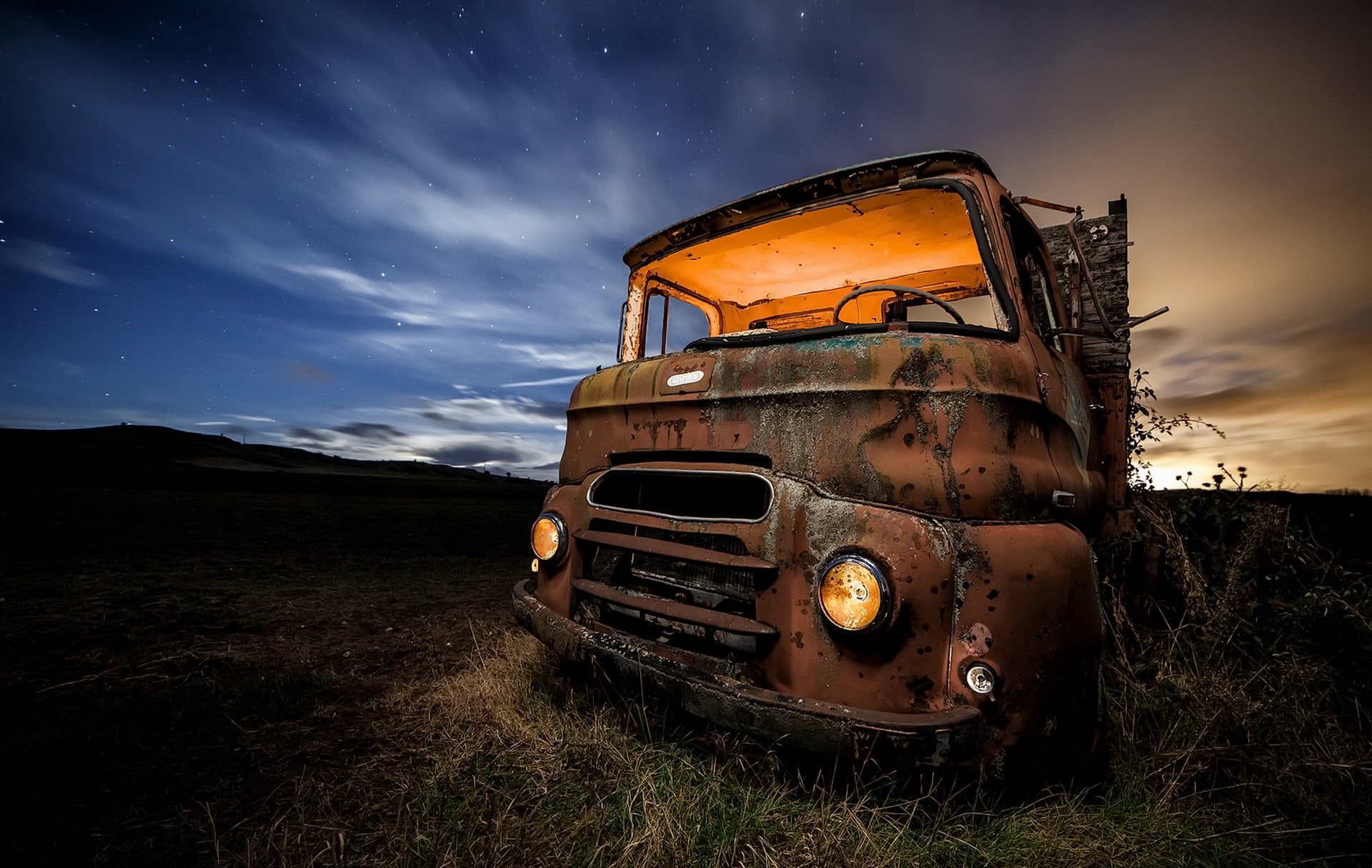 sky, landscape, no people, field, nature, mode of transportation, headlight, outdoors, 1080P, night, abandoned, ruined, vehicle, Truck, cloud - sky, land vehicle, HD Wallpaper