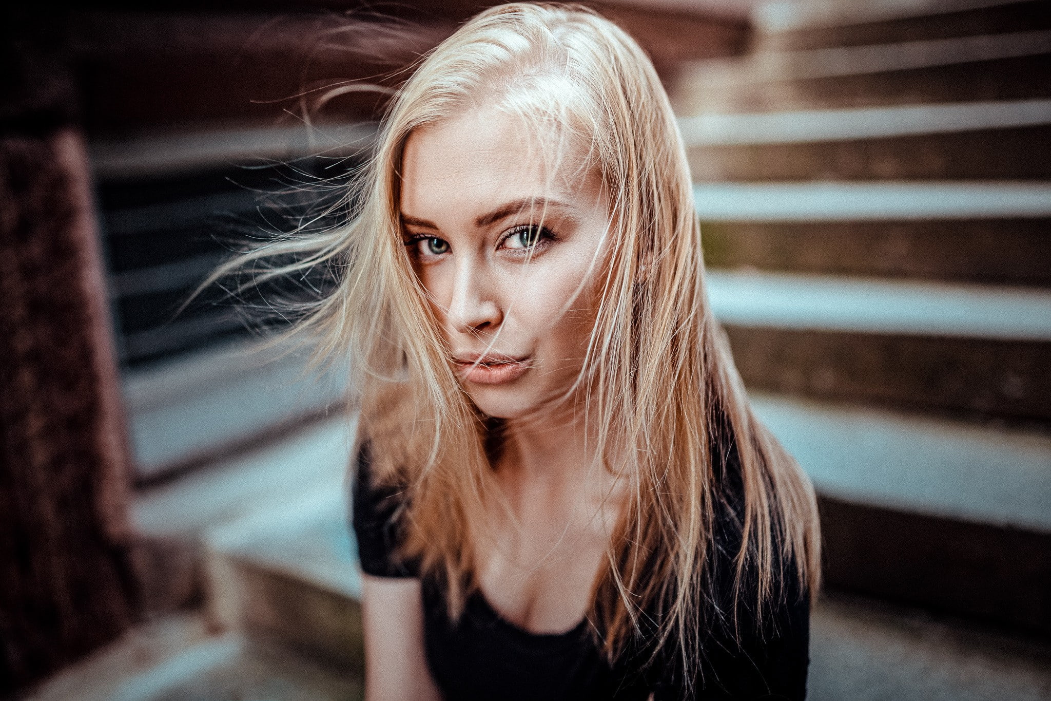 portrait, women, looking at viewer, 1080P, model, Sandra Strobel, stairs, blonde, face, lips, long hair, HD Wallpaper