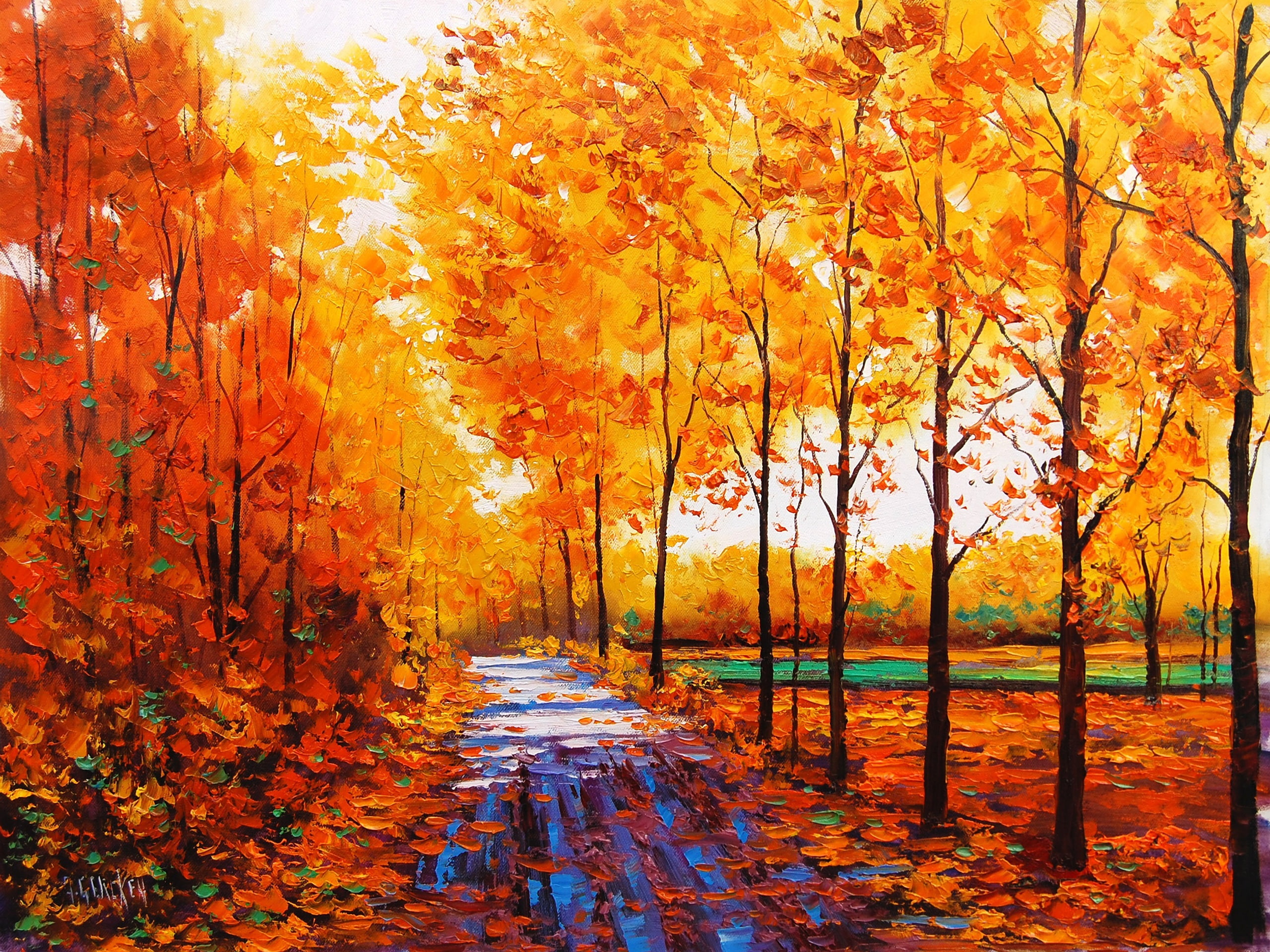 Art, Forest, Path, Autumn, Maple, 2K, Watercolor, Red, HD Wallpaper