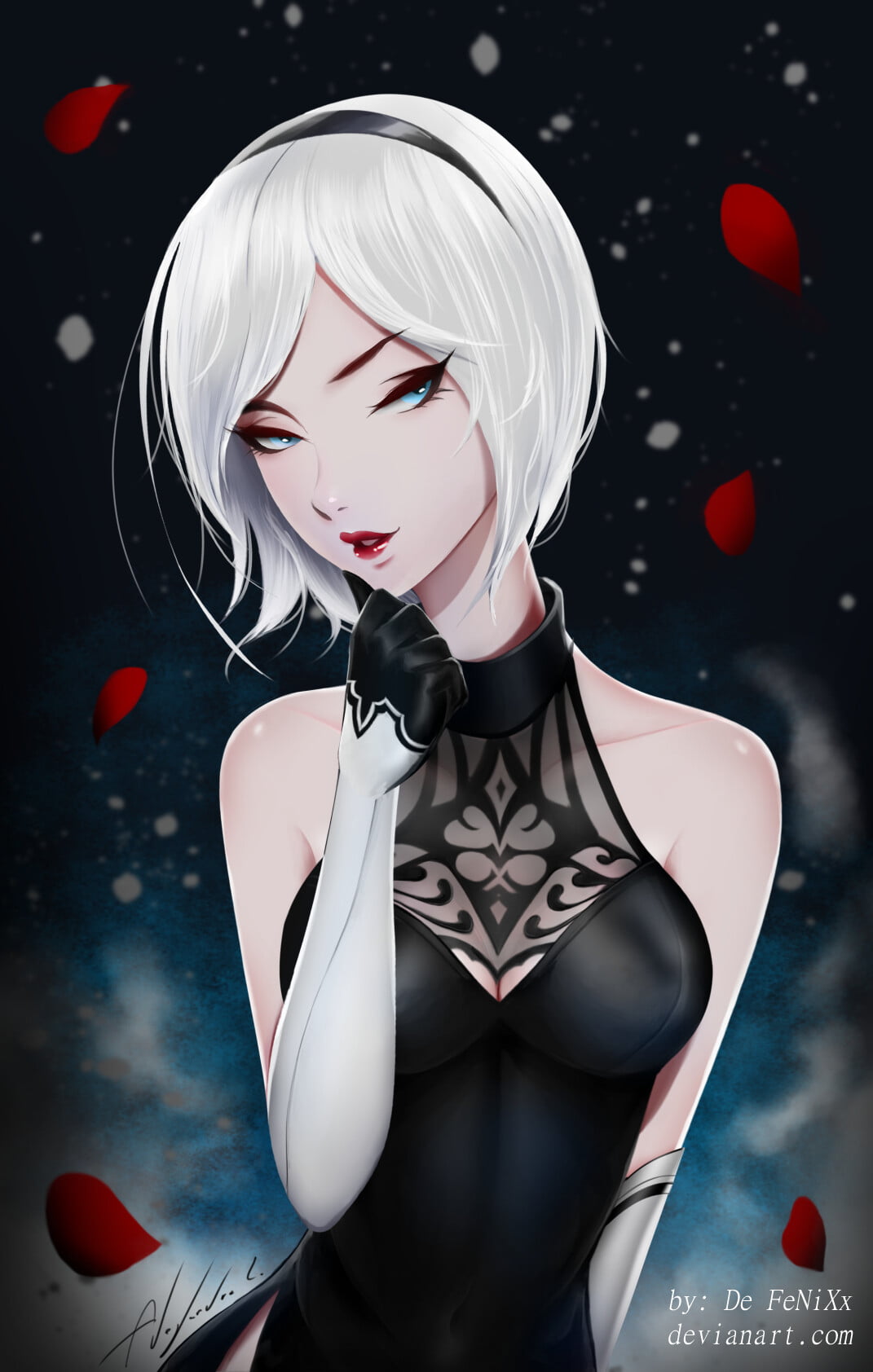 looking at the side, 720P, blue eyes, drawing, looking away, 2B (Nier: Automata), NieR, artwork, white hair, Alejandro Lara, touching face, fallen leaves, Phone HD Wallpaper