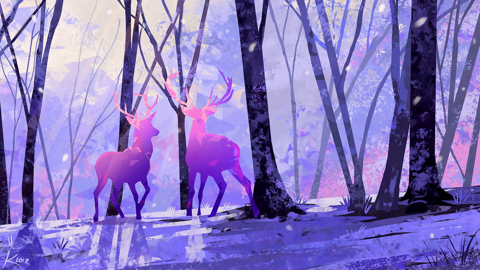 tree bark, artwork, fallen leaves, digital art, deer, leaves, forest, animals, horns, shiny, Samantha Lee, trees, 1080P, digital painting, ArtStation, HD Wallpaper