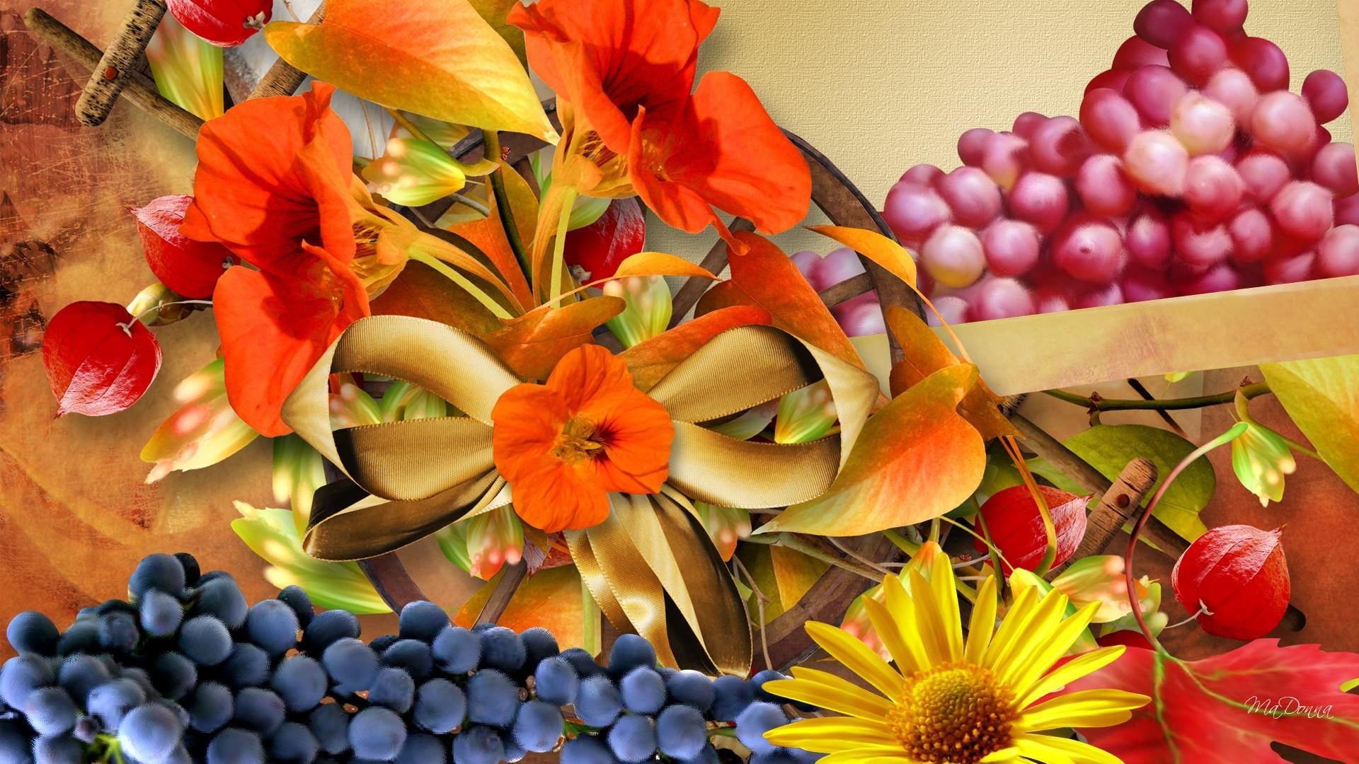 grapes, 3d and abstract, autumn, ribbon bow, flowers, nasturtiums, 1080P, colorful, firefox persona, fall, HD Wallpaper
