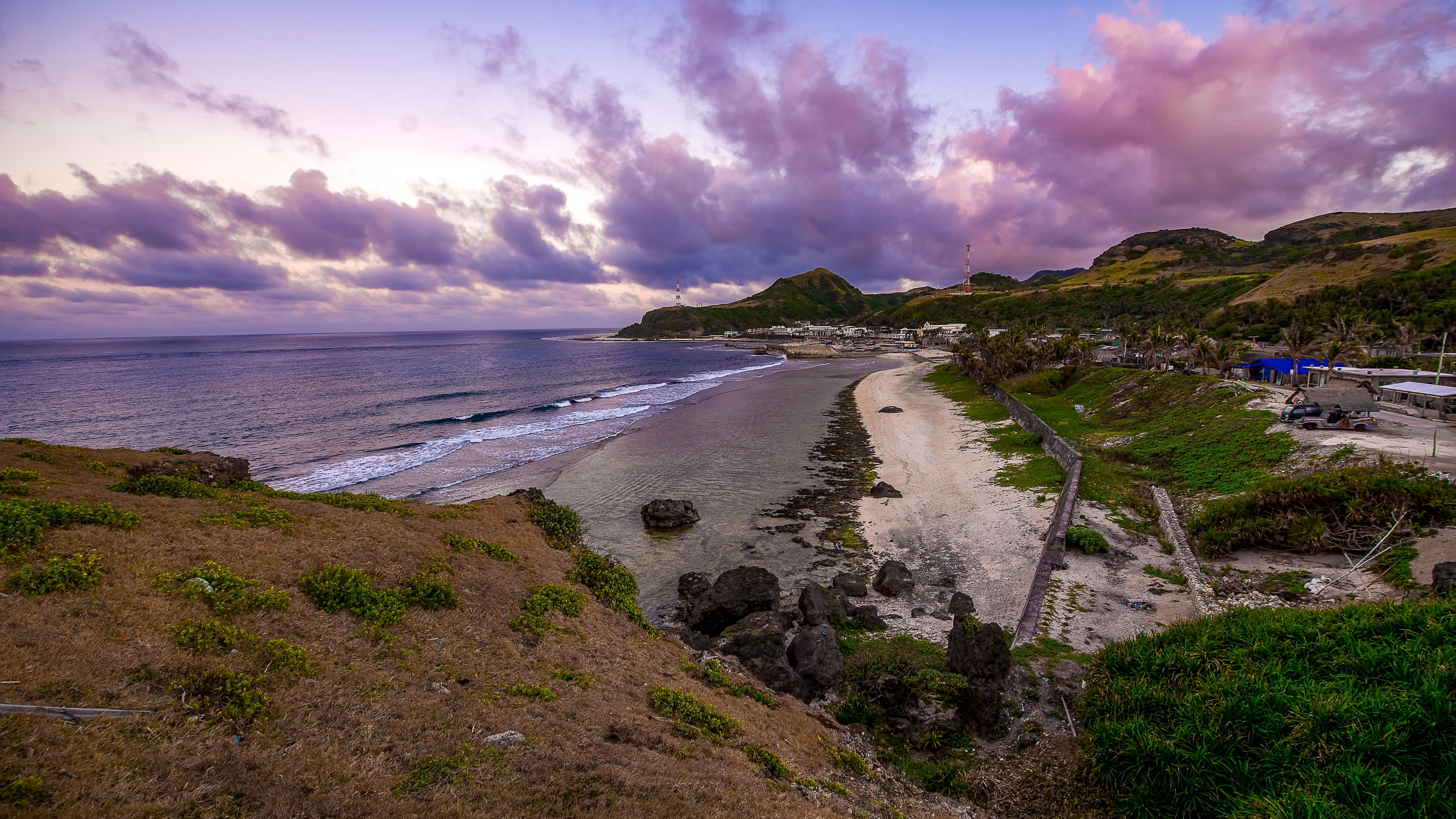 environment, land, beauty in nature, cloud - sky, nature lover, mountain, purple clouds, outdoors, sky, coastline, basco batanes, basco, sand, 5K, plant, HD Wallpaper