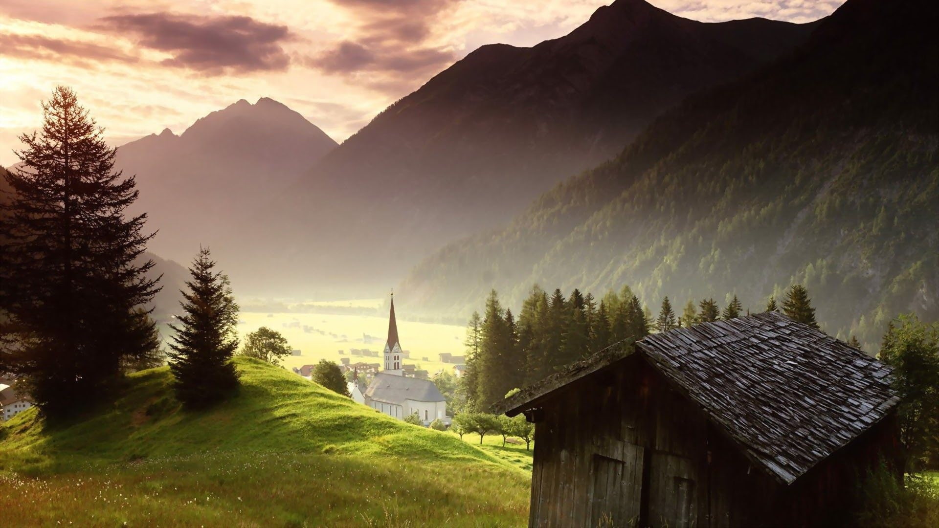 buildings, church, town, brown, mountain, landscape, cathedral, 1080P, poster, wooden, green, nature, hd, near, mountains, trees, shed, HD Wallpaper