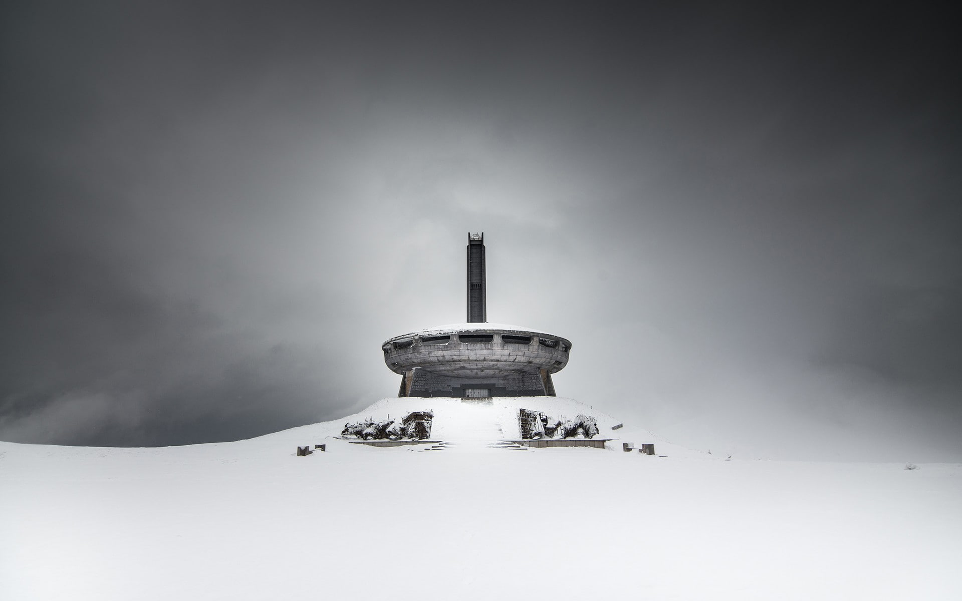 winter, 1080P, building, photography, Bulgaria, architecture, Buzludzha Monument, Bunker, snow, HD Wallpaper