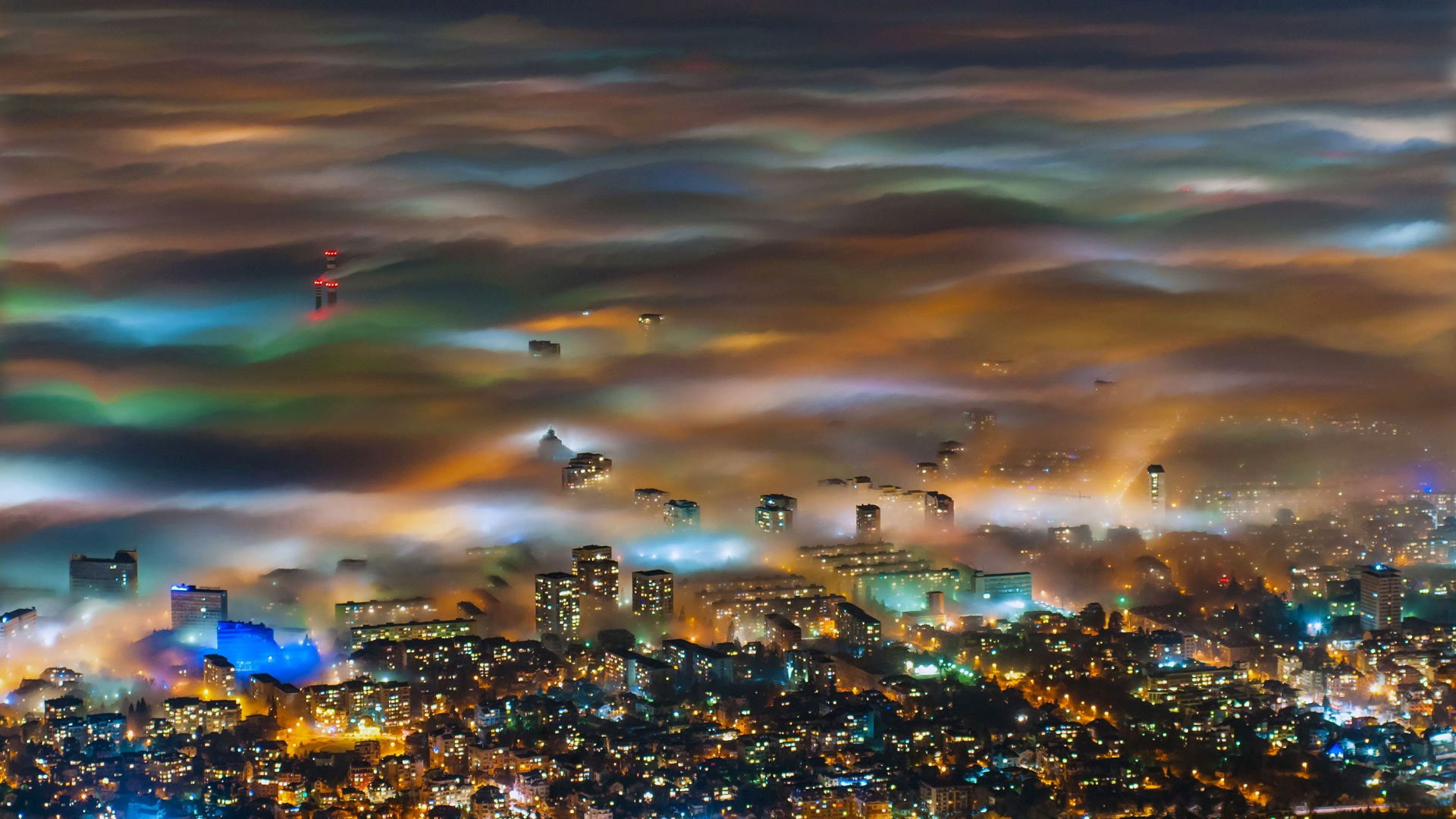 outdoors, skyscraper, architecture, built structure, flying, Cityscape, City, 1080P, building exterior, Panorama, no people, cloud - sky, building, Fog, HD Wallpaper