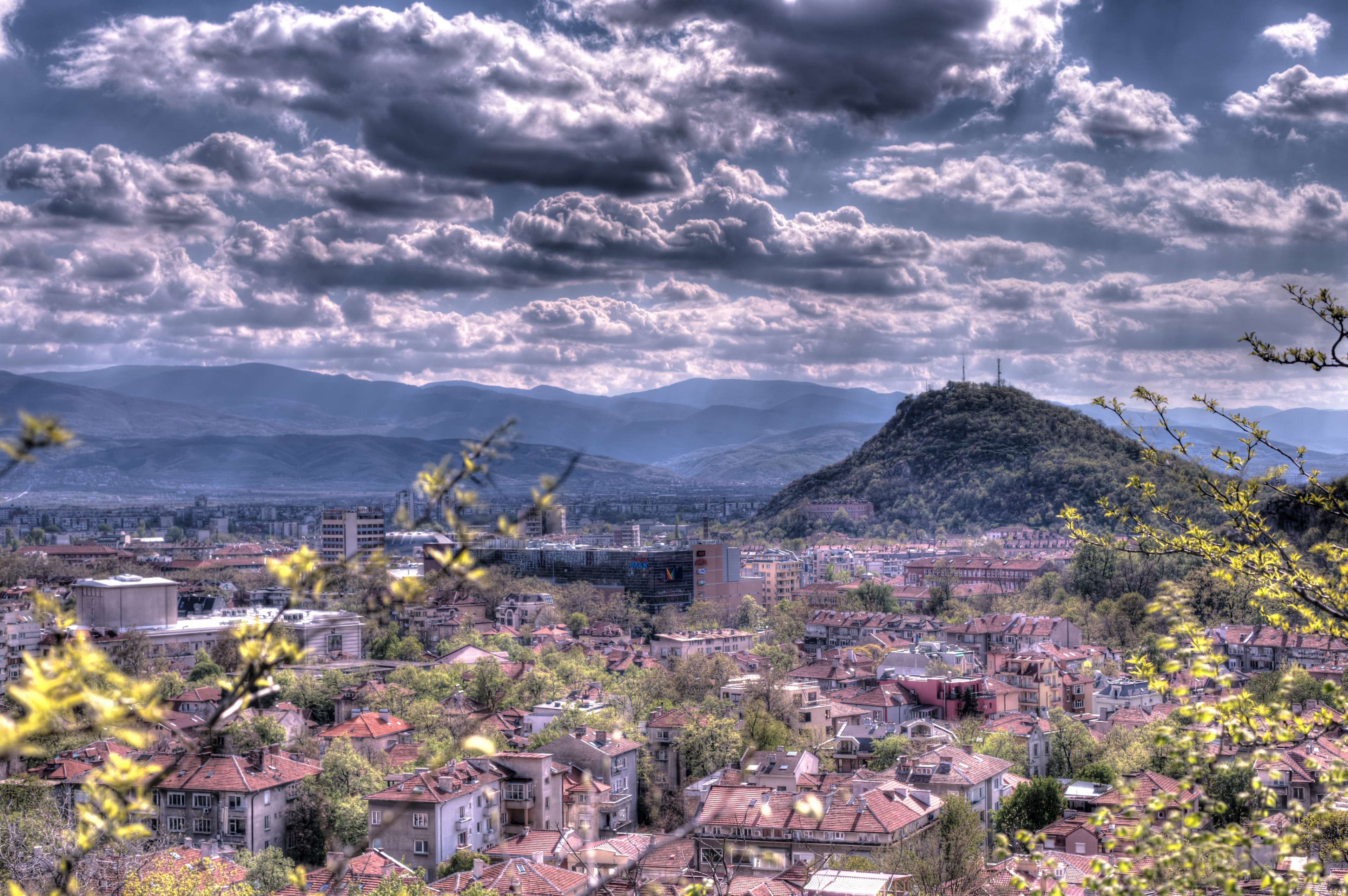 residential district, no people, mountain, outdoors, hdr, clouds, town, building exterior, townscape, sky, tree, building, bulgaria, cloud - sky, plovdiv, HD Wallpaper