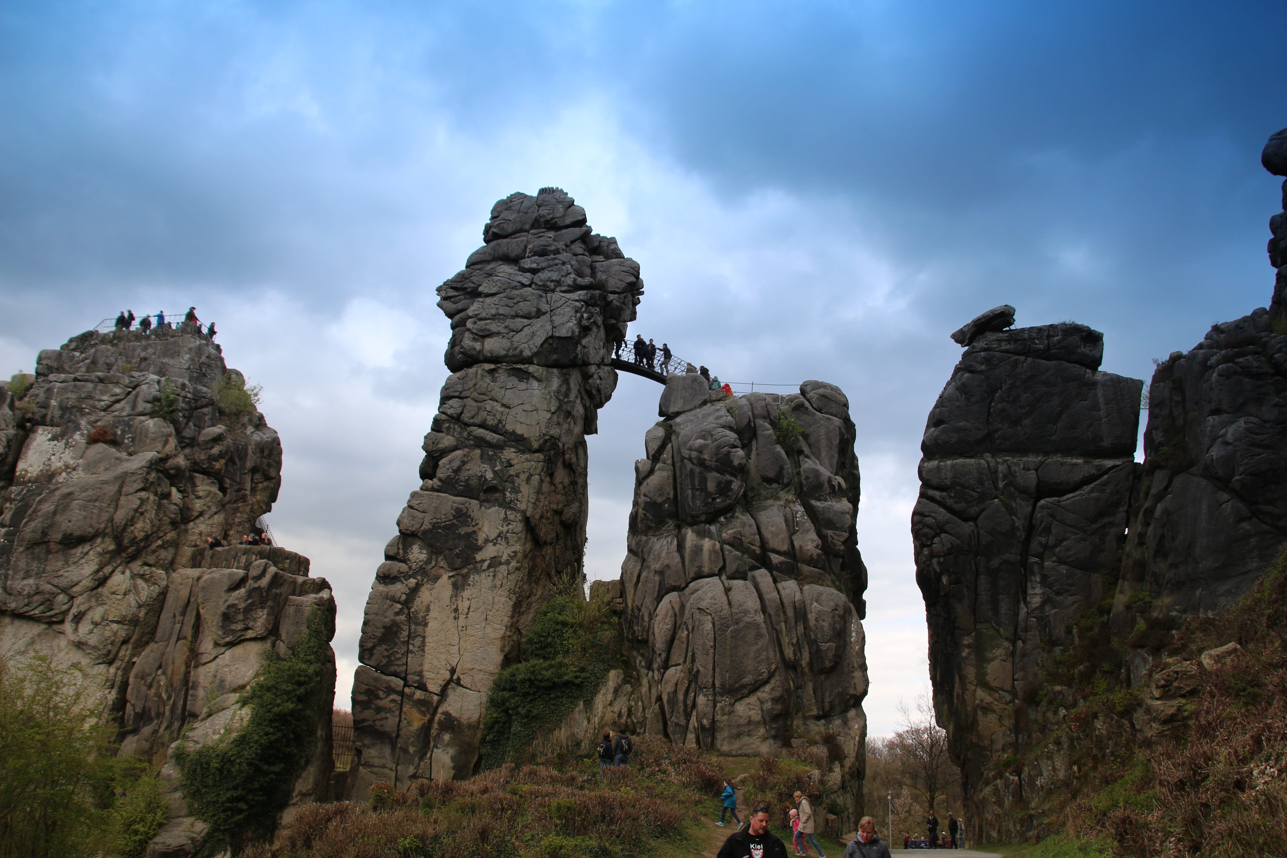 tranquil scene, teutoburg forest, solid, externsteine, non-urban scene, physical geography, travel, mountain, group of people, cloud - sky, activity, 5K, HD Wallpaper