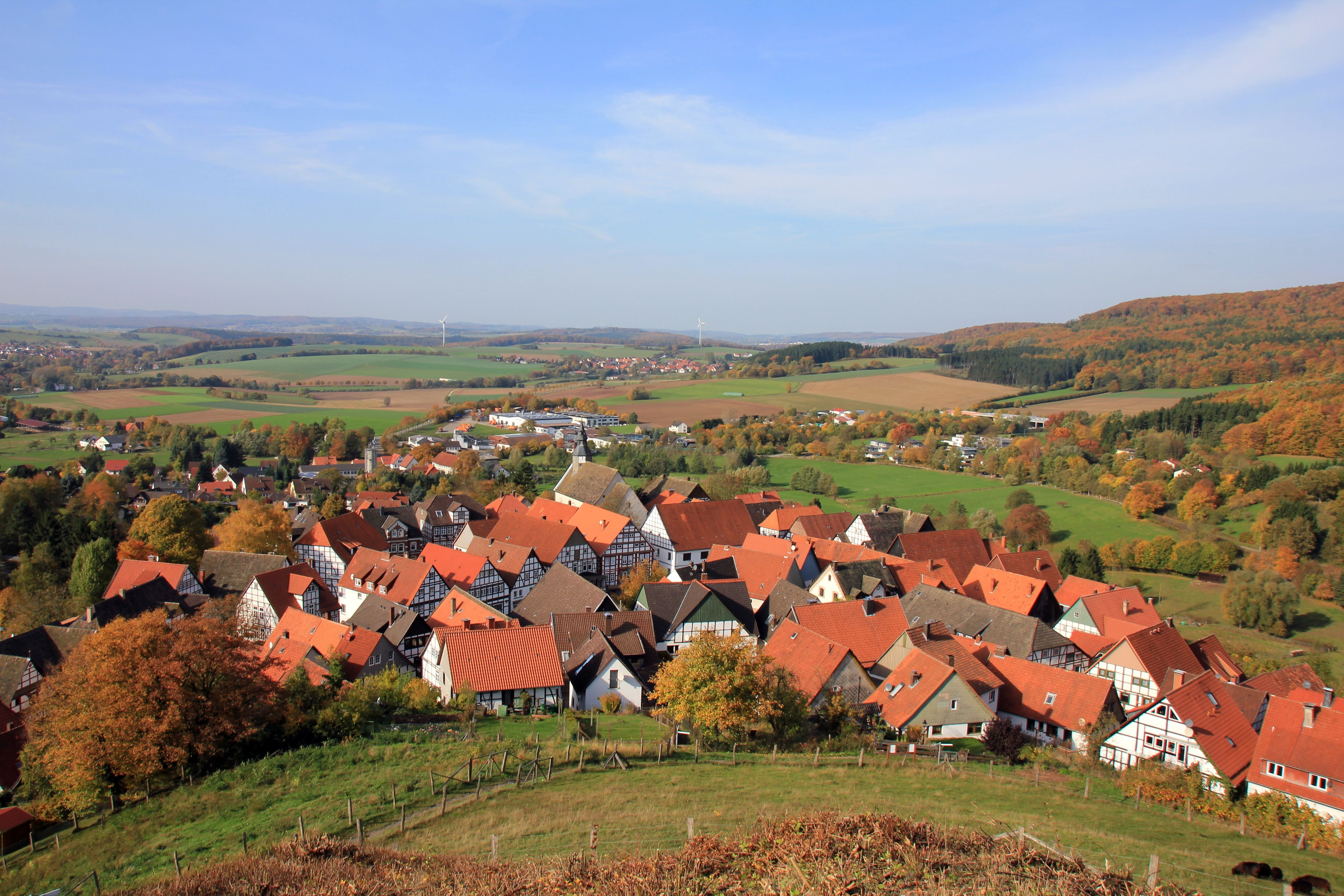 tree, teutoburg forest, day, nature, homes, environment, rural scene, schwalenberg, building, village, building exterior, outdoors, autumn, field, cloud - sky, HD Wallpaper