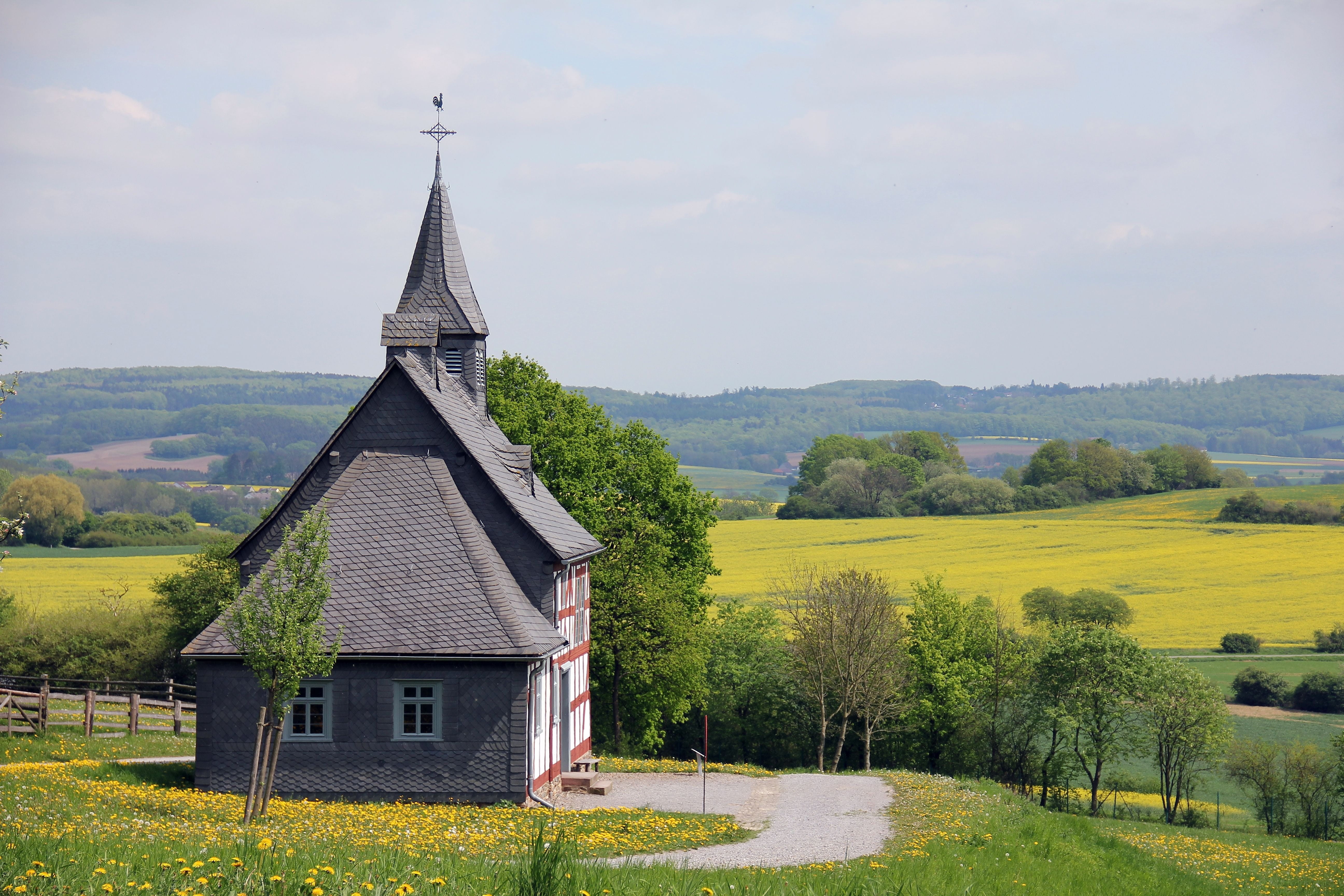 cloud - sky, plant, spirituality, outdoors, church, path, no people, built structure, day, field, 5K, nature, place of worship, tree, teutoburg forest, HD Wallpaper