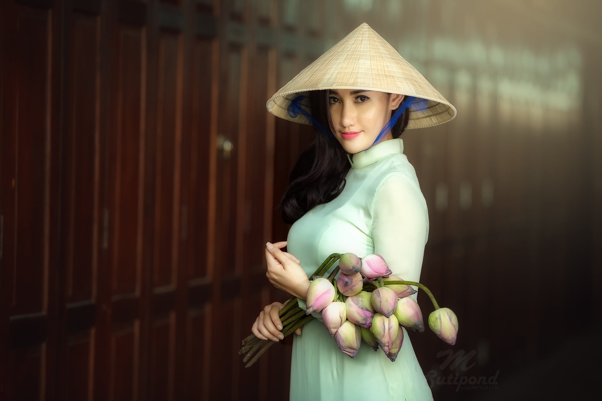 Flower, Asian, Women, Girl, Black Hair, Model, Asian Conical Hat, 1080P, Woman, HD Wallpaper