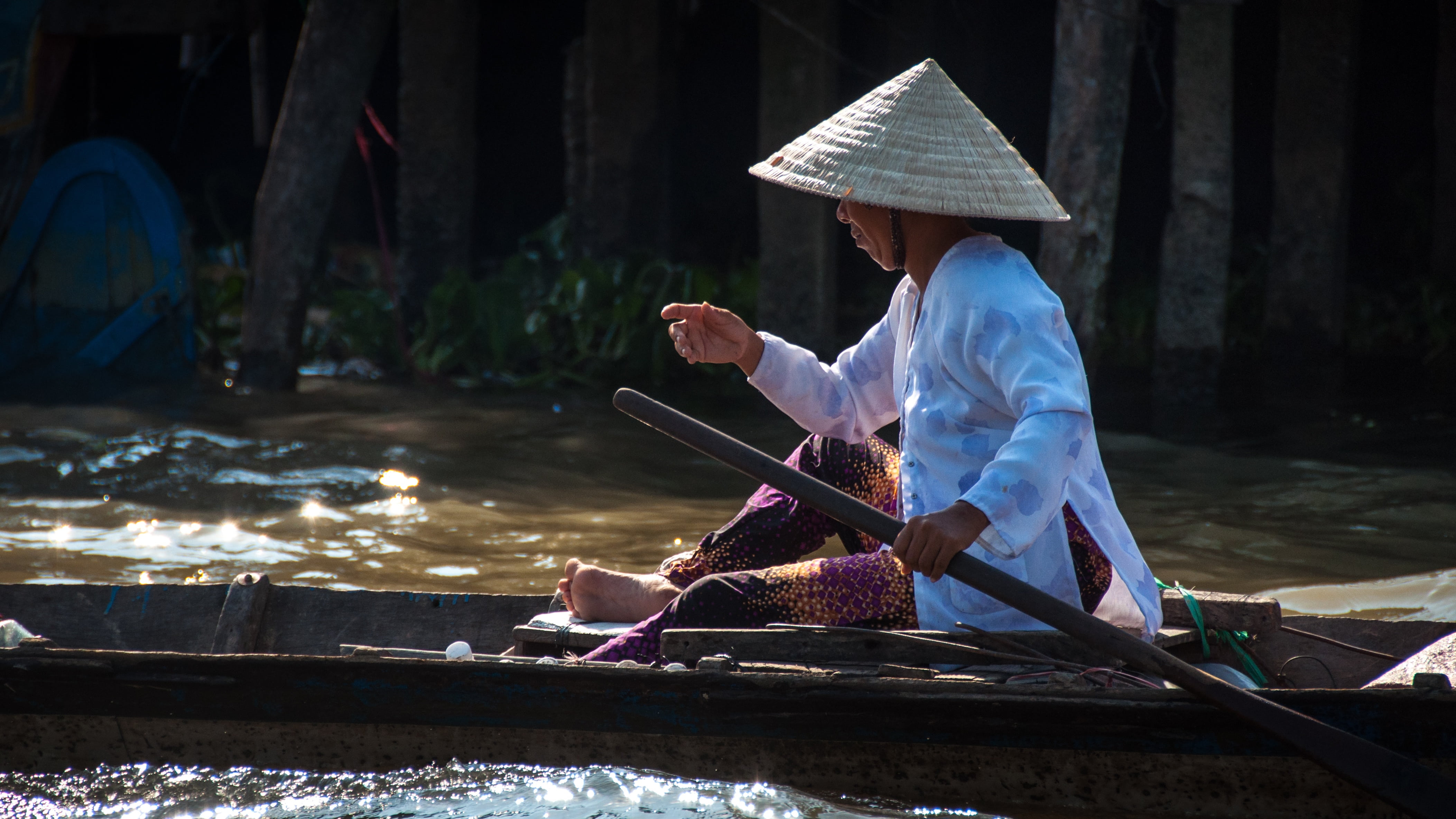 transportation, one person, outdoors, long, real people, holding, woman, hat, asian style conical hat, oar, sleeved, nautical Vessel, shirt, women, men, HD Wallpaper