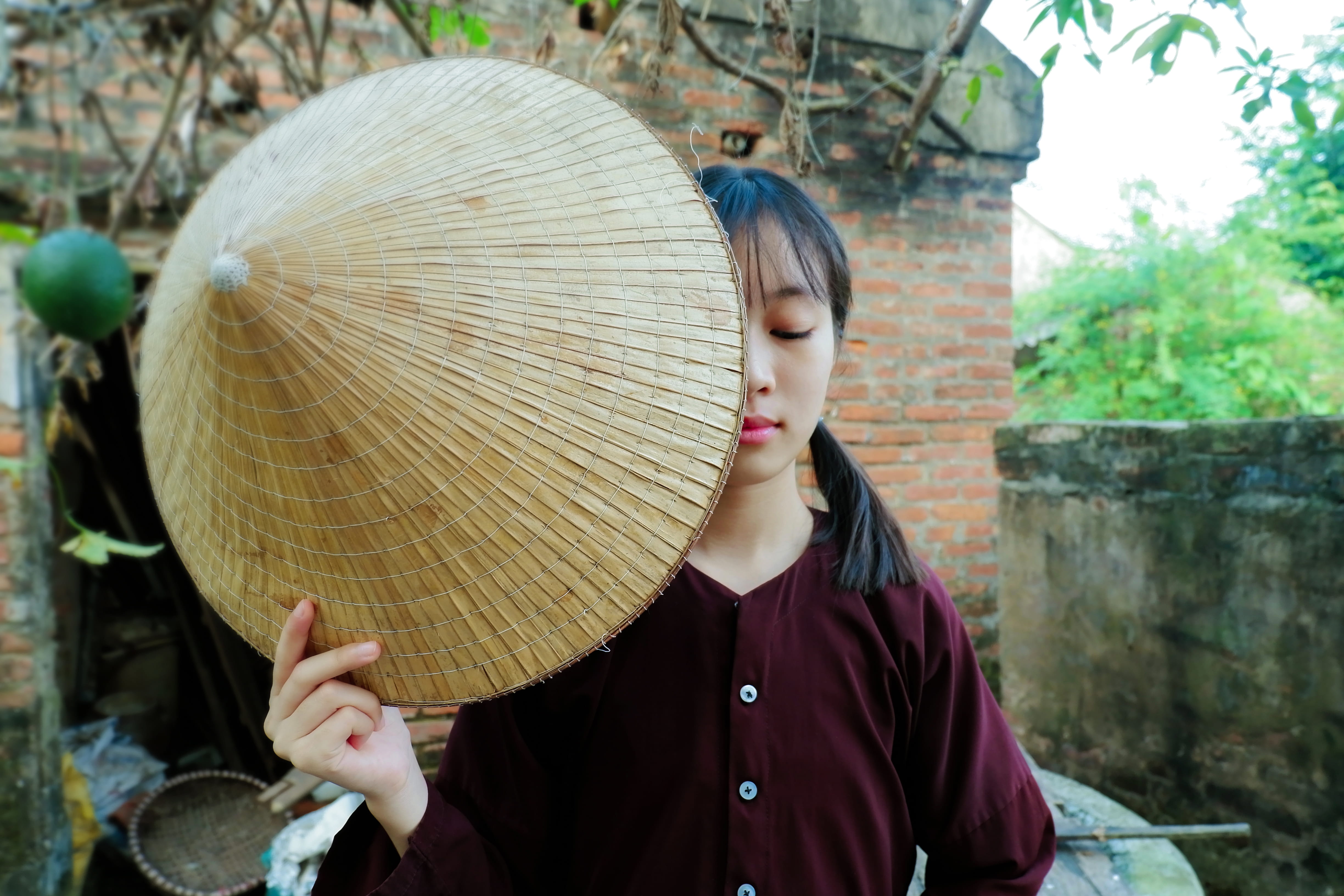 4K, eyes, real people, lifestyles, headshot, hairstyle, obscured face, long hair, clothing, day, portrait, hair, asian style conical hat, closing, hat, HD Wallpaper