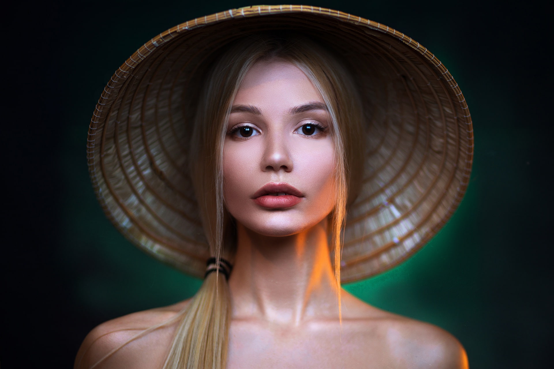 hat, woman, lipstick, model, asian, face, brown, 1080P, conical, eyes, blonde, girl, HD Wallpaper