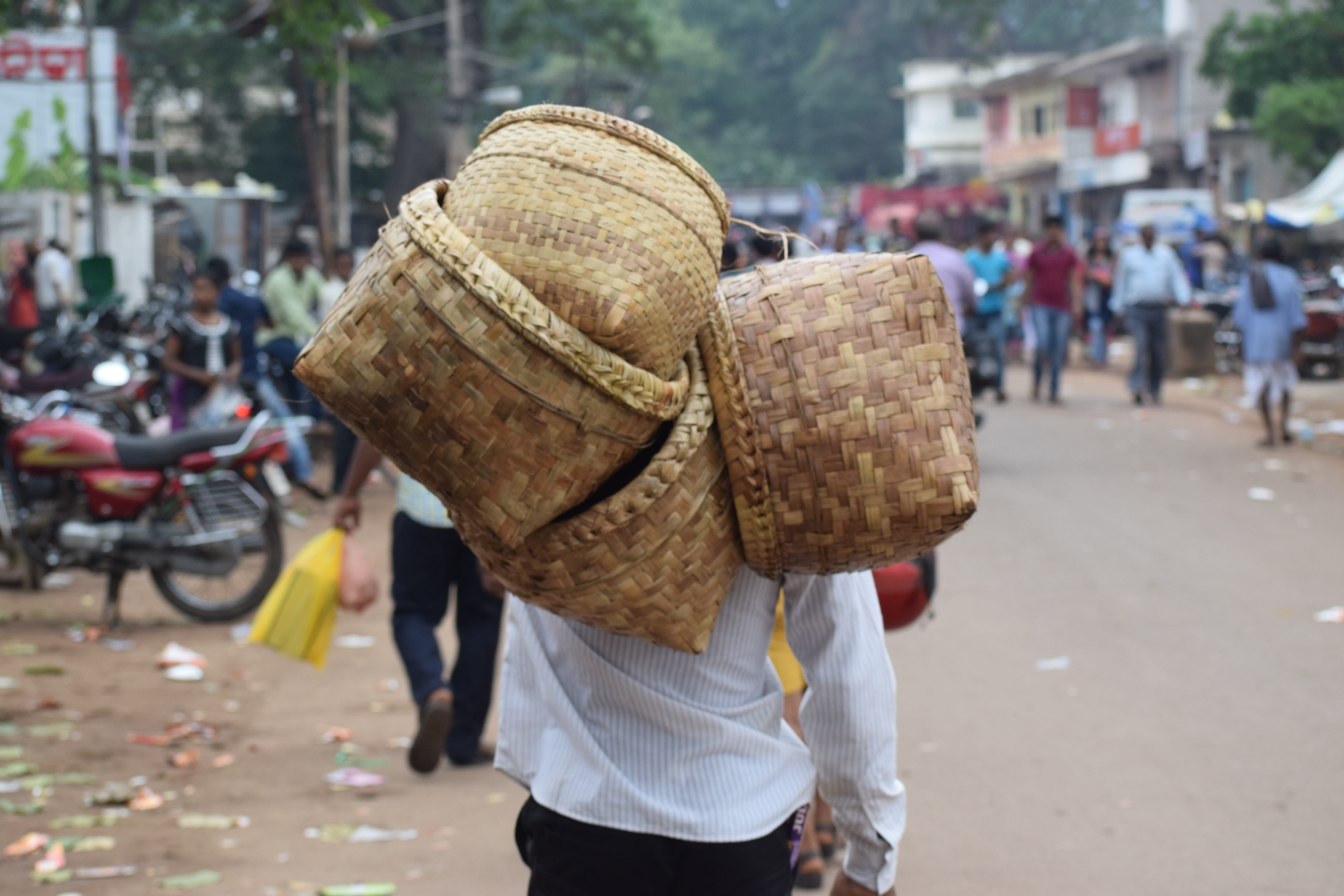 Market, town, one person, basket, street, walking, day, city, asian style conical hat, carrying, road, container, man, adult, rear view, pedestrian, 5K, HD Wallpaper