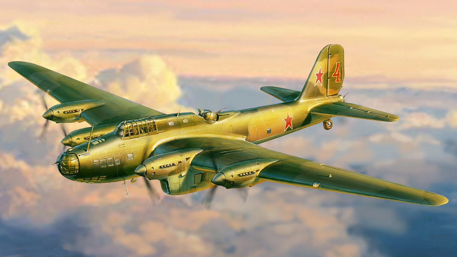 art, WWII, the plane, far, action, 1080P, four-engine, PE-8, heavy, bomber, Soviet, WW2., HD Wallpaper