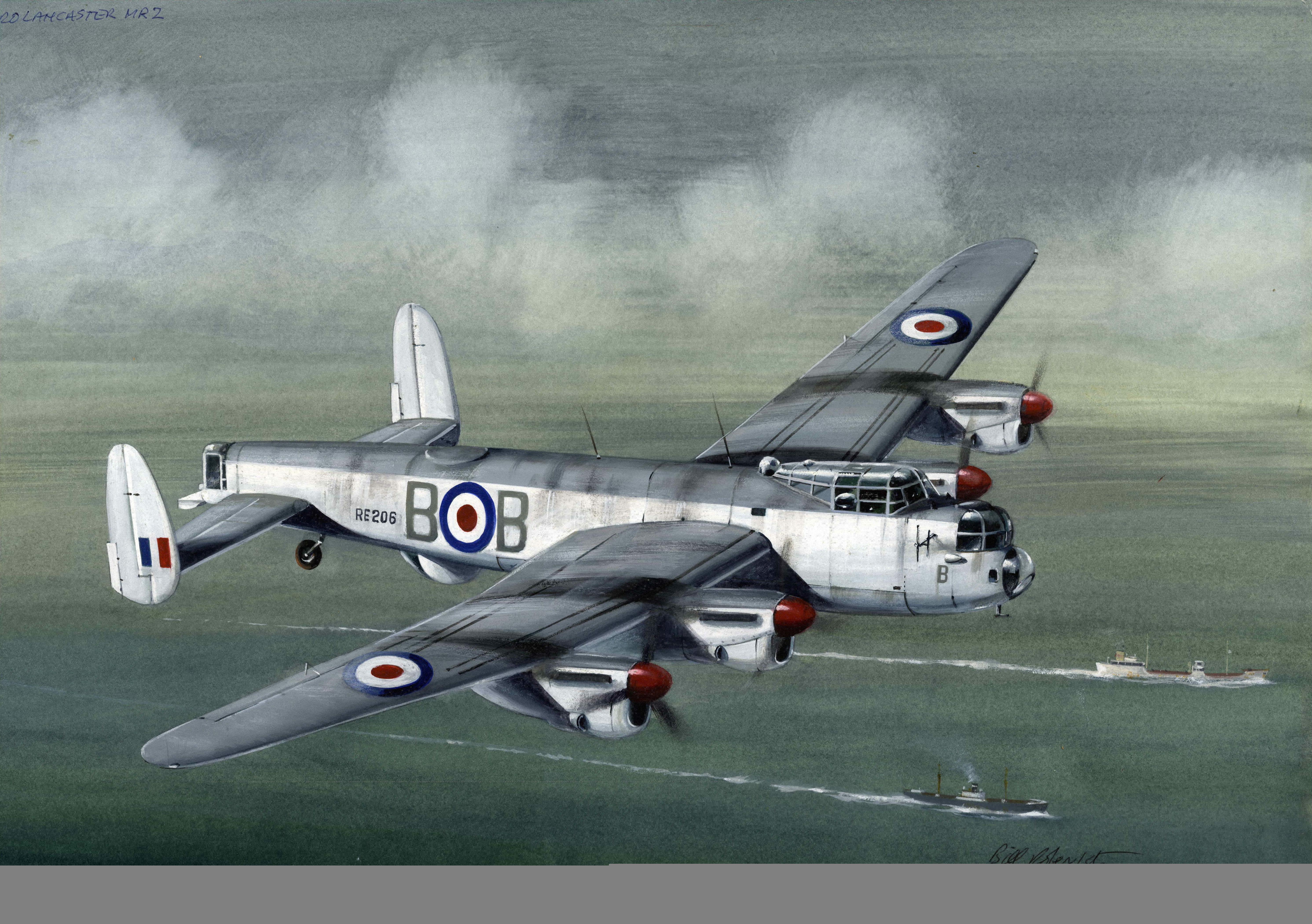four-engine, heavy, bomber, figure, 5K, the sky, ships, Lancaster, flight, British, art, sea, clouds, HD Wallpaper