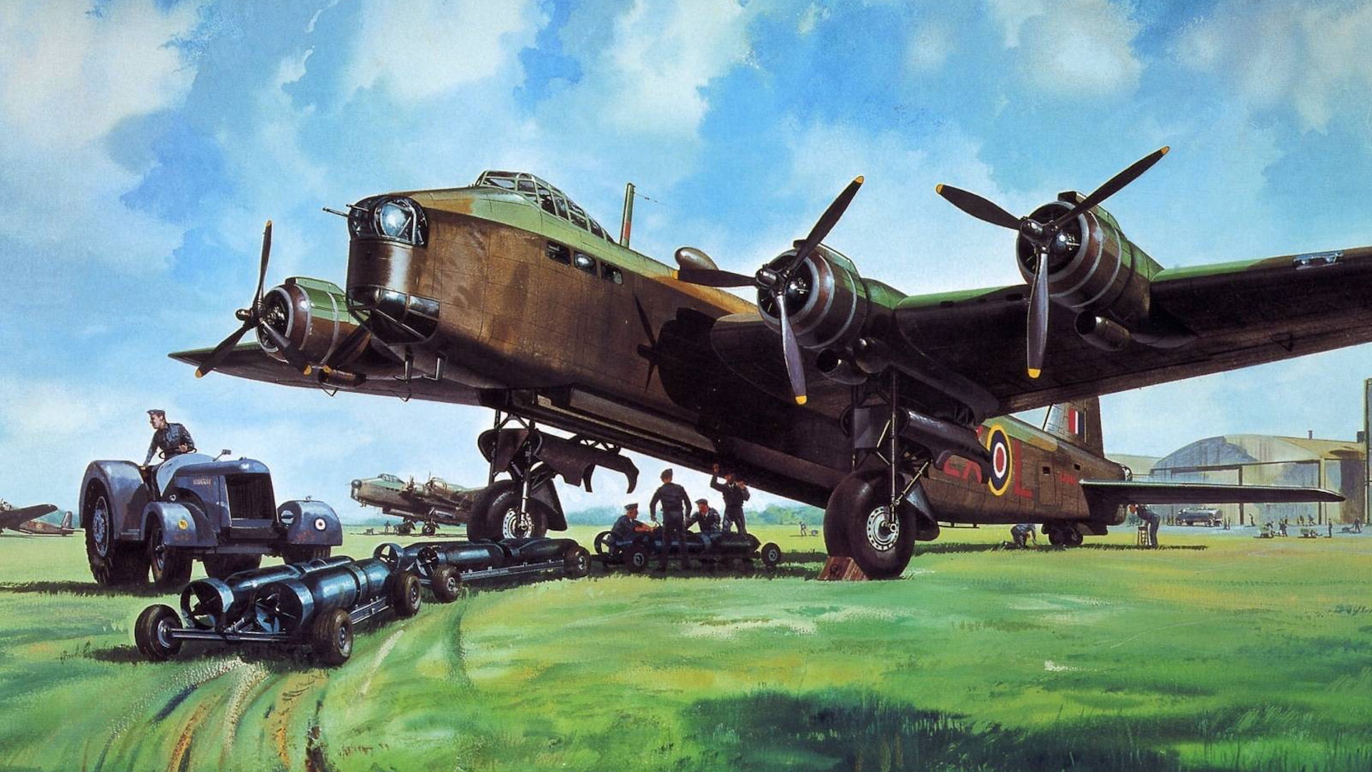 British, Short Stirling, grass, four-engine, field, land, transportation, army, land vehicle, plant, airplane, 1080P, sky, armed forces, nature, figure, HD Wallpaper