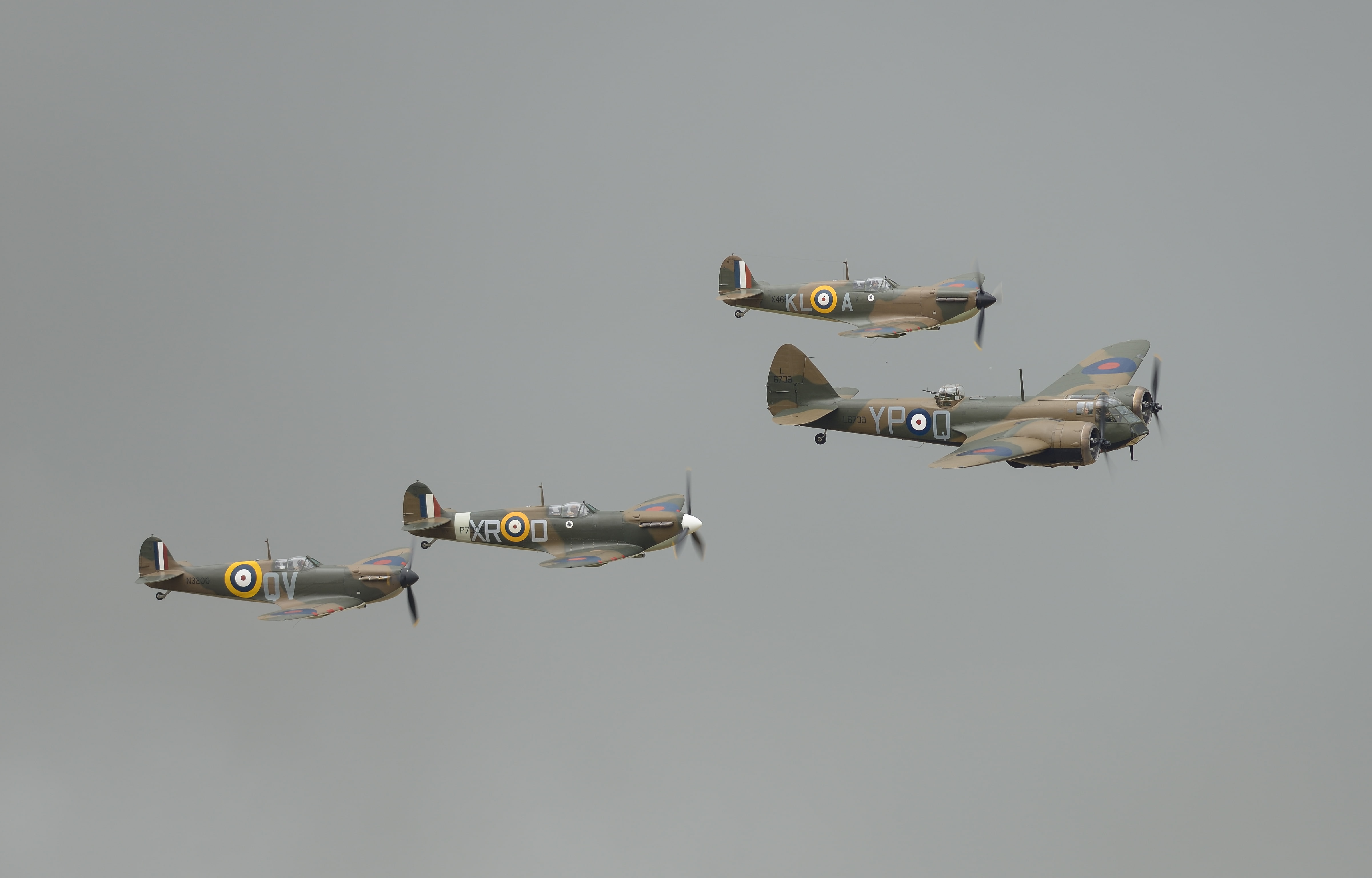 The British, militants, light bomber, Bristol Blenheim Mk I, Royal air force, Supermarine Spitfire Mk I, 4K, the sky, flight, HD Wallpaper