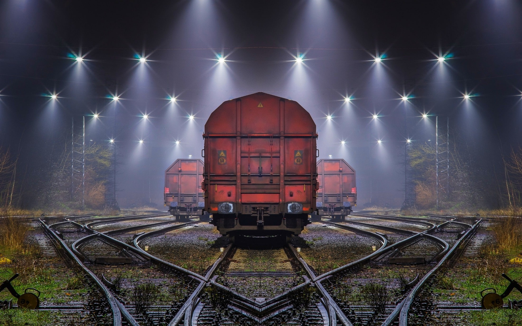 lights, technology, night, landscape, symmetry, shrubs, machine, railway, 1080P, train, mist, HD Wallpaper