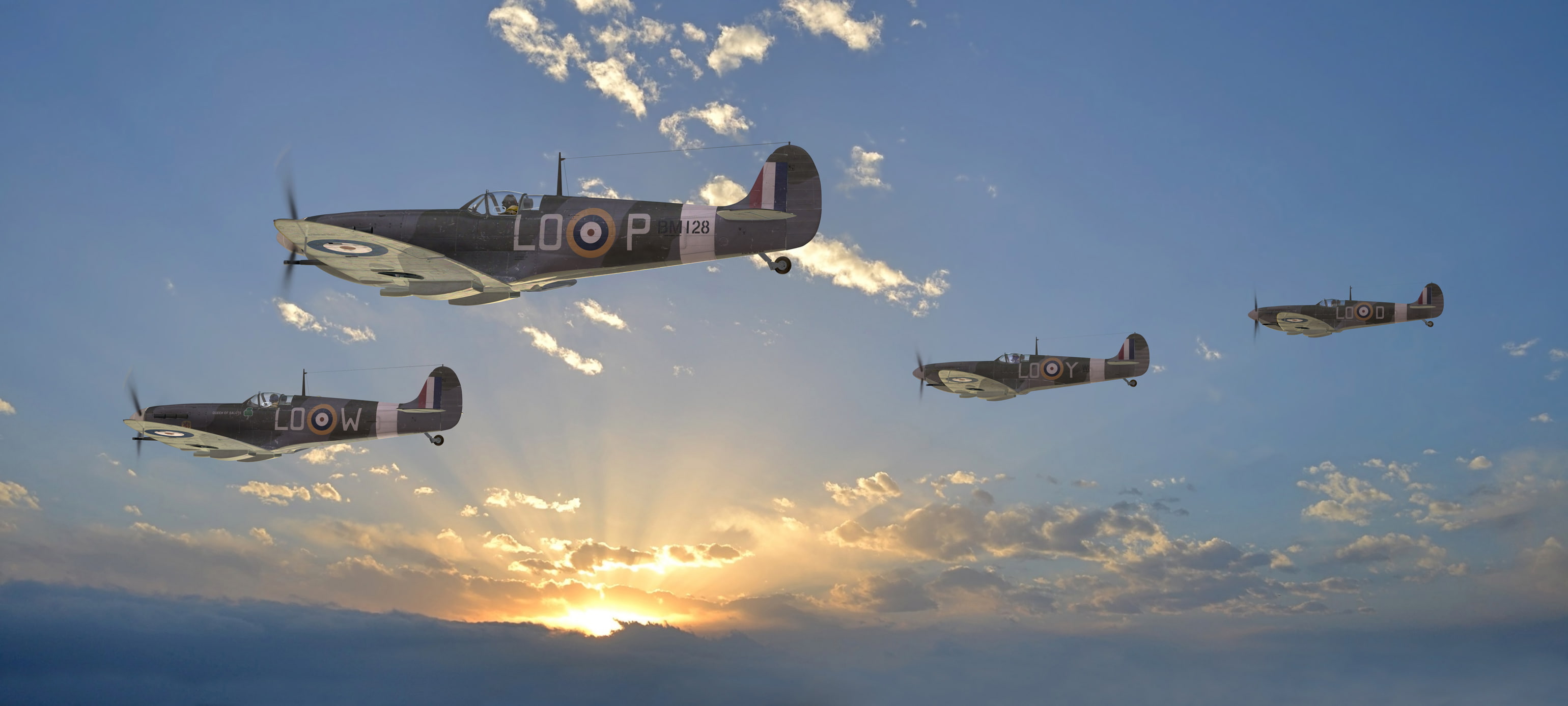 rays, 2K, WW2, British, fighters, the sky, andquot;Supermarine Spitfireandquot;, figure, the sun, clouds, HD Wallpaper